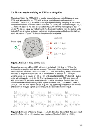 7.1 First example: training an ESN as a delay line

Much insight into the STM of ESNs can be gained when we train ESNs on a pure
STM task. We consider an ESN with a single input channel and many output
channels. The input u(n) is a white noise signal generated by sampling at each time
independently from a uniform distribution over [–0.5, 0.5]. We consider delays k = 1, 2,
... . For each delay k, we train a separate output unit with the training signal dk(n) =
u(n-k). We do not equip our network with feedback connections from the output units
to the DR, so all output units can be trained simultaneously and independently from
each each other. Figure 7.1 depicts the setup of the network.

                                                     teachers:
input: u(n)
                                                     u(n-1) = d0(n)

                                                     u(n-2) = d1(n)

                                                     u(n-3) = d2(n)
                                                     ...

Figure 7.1: Setup of delay learning task.

Concretely, we use a 20-unit DR with a connectivity of 15%, that is, 15% of the
entries of the weight matrix W are non-null. The non-null weights were sampled
randomly from a uniform distribution over [–1,1], and the resulting weigth matrix was
rescaled to a spectral radius of α = 0.8, as described in Section 6.2. The input
weights were put to values of –0.1 or +0.1 with equal probability. We trained 4 output
units with delays of k = 4, 8, 16, 20. The training was done over 300 time steps, of
which the first 100 were discarded to wash out initial transients. On test data, the
trained network showed testing mean square errors of MSEtest.= 0.0000047, 0.00070,
0.040, 0.12 for the four trained delays. Figure 7.2 (upper diagrams) shows an overlay
of the correct delayed signals (solid line) with the trained network output.

   0.4                   0.4                  0.4                   0.4
   0.2                   0.2                  0.2                   0.2
  -0.2    5 10 15 20 -0.2      5 10 15 20 -0.2       5 10 15 20 -0.2      5 10 15 20
  -0.4               -0.4                 -0.4                  -0.4

   0.4                   0.4                  0.4                   0.4
   0.2                   0.2                  0.2                   0.2
  -0.2    5 10 15 20 -0.2      5 10 15 20 -0.2       5 10 15 20 -0.2      5 10 15 20
  -0.4               -0.4                 -0.4                  -0.4


Figure 7.2: Results of training delays k = 4, 8, 16, 20 with a 20-unit DR. Top row: input
weights of size –0.1 or +0.1, bottom row: input weights sized –0.001 or +0.001.




                                                                                       35
 