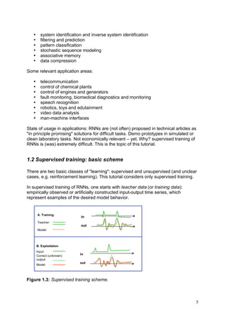 •     system identification and inverse system identification
   •     filtering and prediction
   •     pattern classification
   •     stochastic sequence modeling
   •     associative memory
   •     data compression

Some relevant application areas:

   •     telecommunication
   •     control of chemical plants
   •     control of engines and generators
   •     fault monitoring, biomedical diagnostics and monitoring
   •     speech recognition
   •     robotics, toys and edutainment
   •     video data analysis
   •     man-machine interfaces

State of usage in applications: RNNs are (not often) proposed in technical articles as
"in principle promising" solutions for difficult tasks. Demo prototypes in simulated or
clean laboratory tasks. Not economically relevant – yet. Why? supervised training of
RNNs is (was) extremely difficult. This is the topic of this tutorial.


1.2 Supervised training: basic scheme

There are two basic classes of "learning": supervised and unsupervised (and unclear
cases, e.g. reinforcement learning). This tutorial considers only supervised training.

In supervised training of RNNs, one starts with teacher data (or training data):
empirically observed or artificially constructed input-output time series, which
represent examples of the desired model behavior.


       A. Training
                             in
       Teacher:
                             out
       Model:




       B. Exploitation
       Input:
       Correct (unknown)     in
       output:
                             out
       Model:



Figure 1.3: Supervised training scheme.



                                                                                      5
 