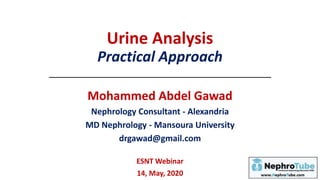 Urine Analysis
Practical Approach
Mohammed Abdel Gawad
Nephrology Consultant - Alexandria
MD Nephrology - Mansoura University
drgawad@gmail.com
ESNT Webinar
14, May, 2020
 