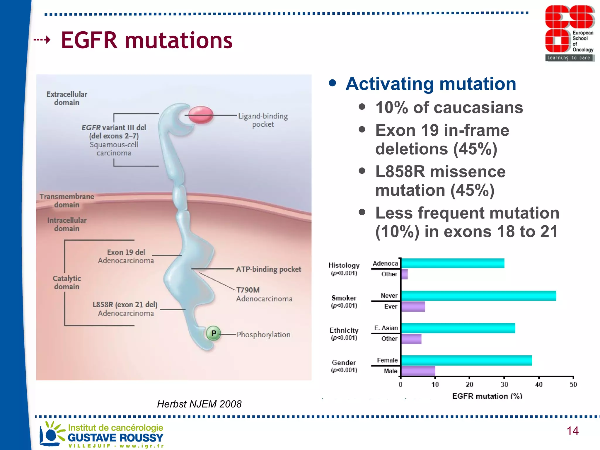 EGFR mutations Activating mutation 10% of caucasians Exon 19 in-frame deletions (45%) L858R missence mutation (45%) Less frequent mutation (10%) in exons 18 to 21 Herbst NJEM 2008 