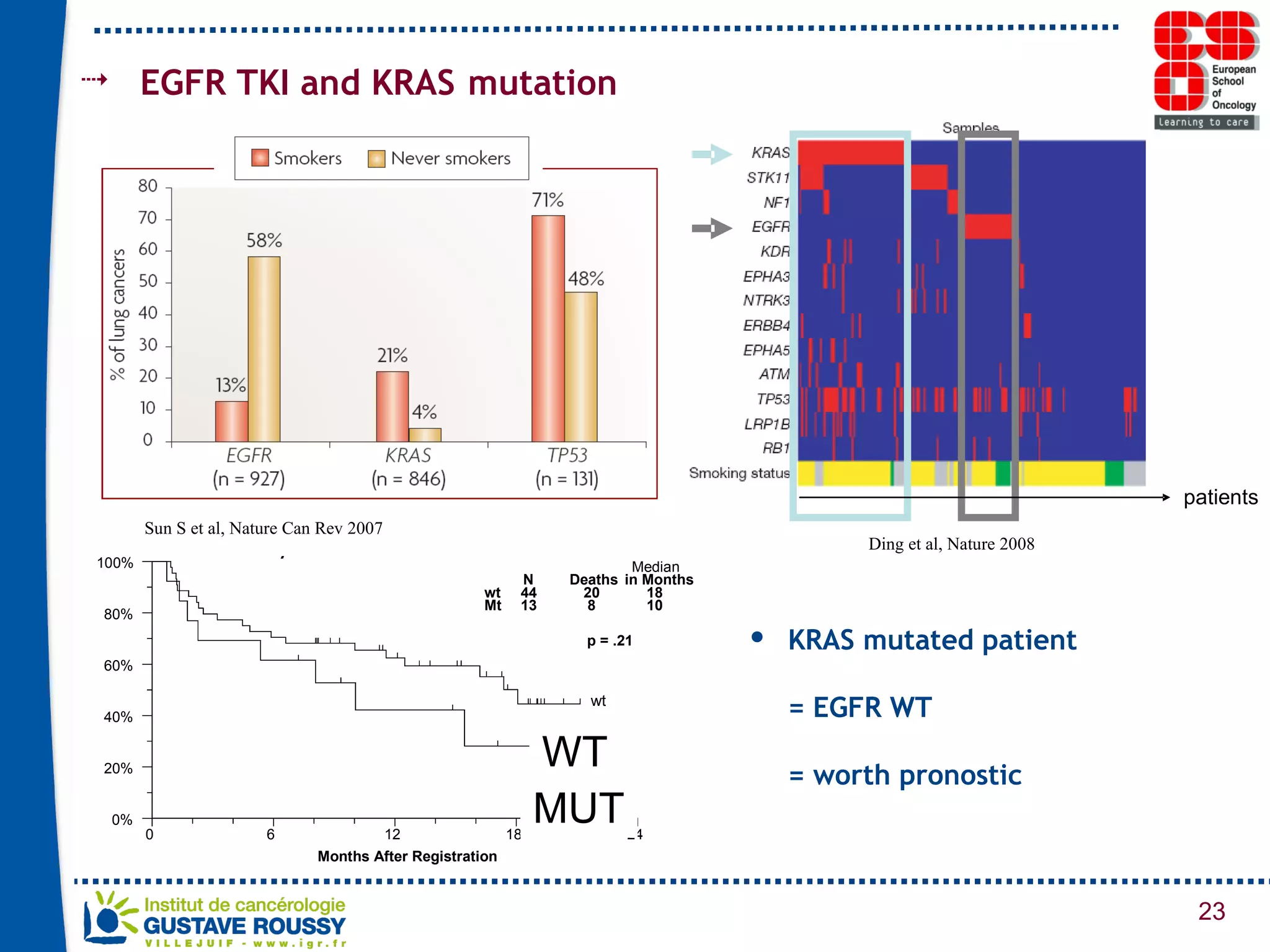 EGFR TKI and KRAS   mutation Sun S et al, Nature Can Rev 2007 Ding et al, Nature 2008 MUT WT KRAS mutated patient  = EGFR WT    = worth pronostic  