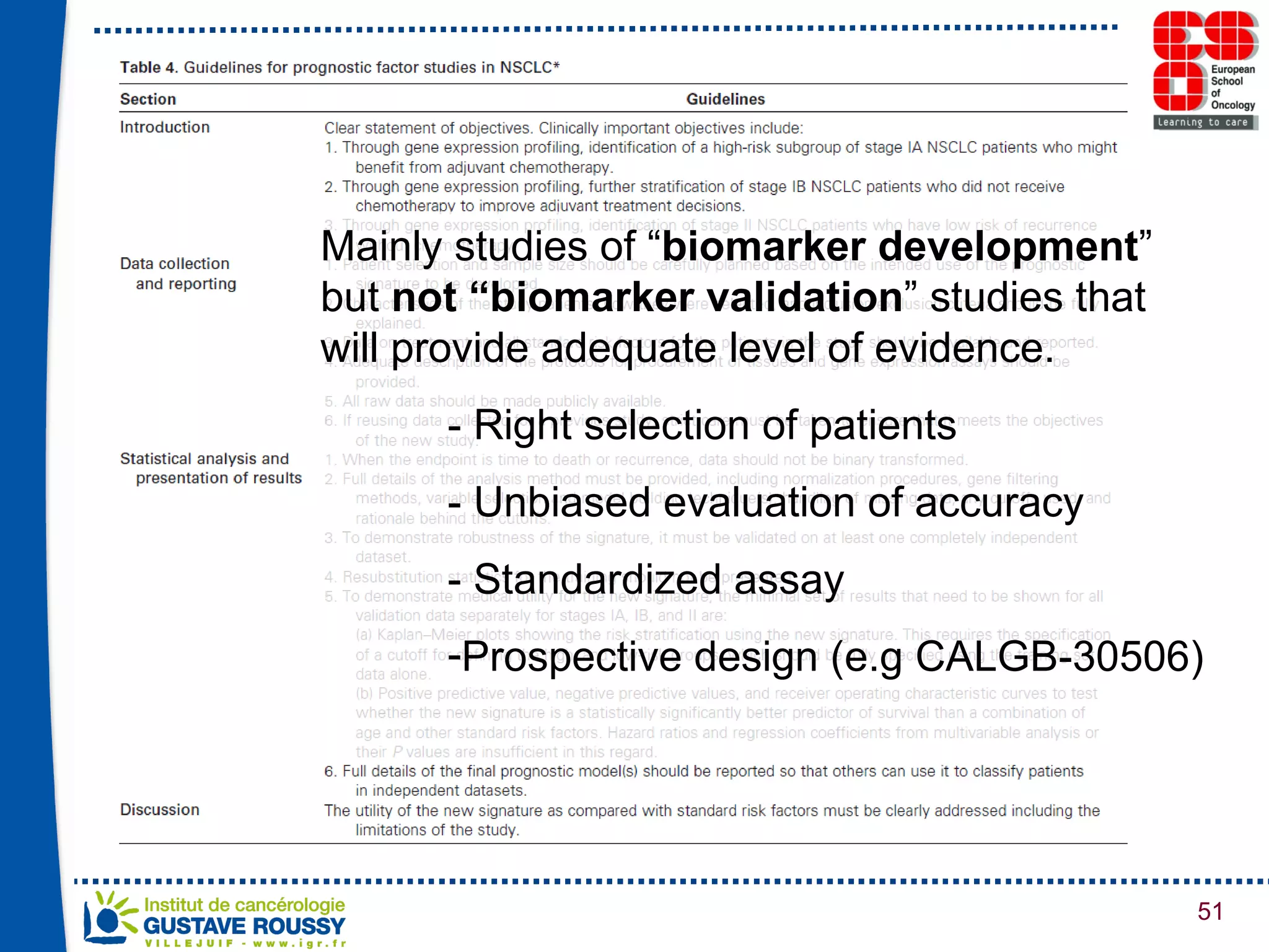 Mainly studies of “ biomarker development ” but  not “biomarker validation ” studies that will provide adequate level of evidence.  - Right selection of patients - Unbiased evaluation of accuracy - Standardized assay Prospective design (e.g CALGB-30506) 