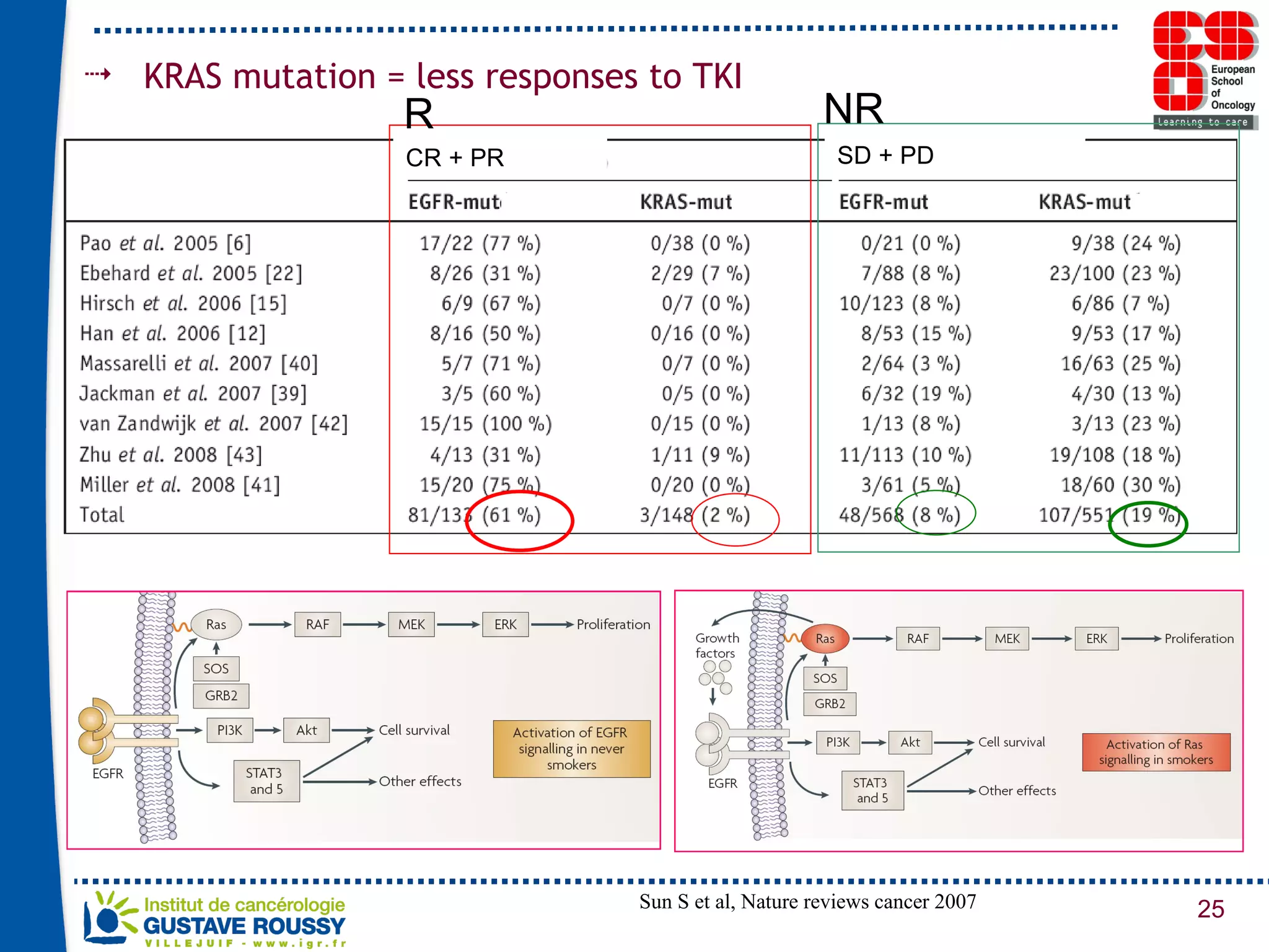 KRAS mutation = less responses to TKI CR + PR SD + PD Sun S et al, Nature reviews cancer 2007 R NR 