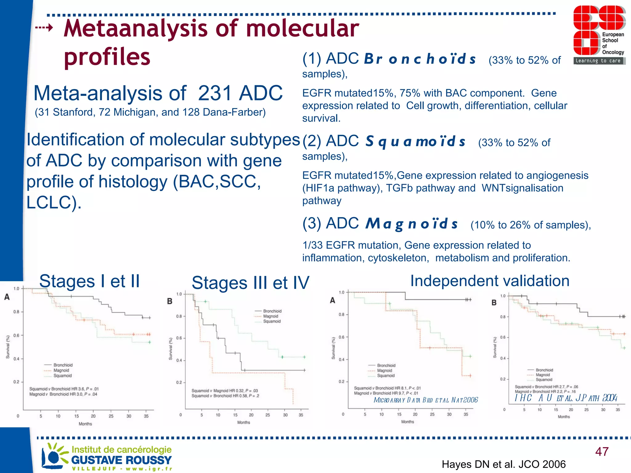 Metaanalysis of molecular profiles Meta-analysis of  231 ADC  (31 Stanford, 72 Michigan, and 128 Dana-Farber) Identification of molecular subtypes of ADC by comparison with gene profile of histology (BAC,SCC, LCLC).  Hayes DN et al. JCO 2006  (1) ADC  Bronchoïds  (33% to 52% of samples), EGFR mutated15%, 75% with BAC component.  Gene expression related to  Cell growth, differentiation, cellular survival. (2) ADC  Squamoïds  (33% to 52%  of samples ), EGFR mutated15%,Gene expression related to angiogenesis (HIF1a pathway), TGFb pathway and  WNTsignalisation pathway (3) ADC  Magnoïds  (10% to 26%  of samples ), 1/33 EGFR mutation, Gene expression related to inflammation, cytoskeleton,  metabolism and proliferation. IHC  AU et al. J.Path 2004 