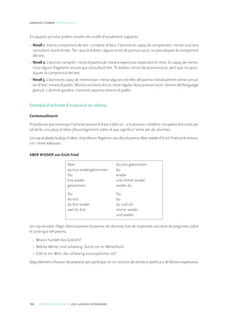 102 COMPETÈNCIES BÀSIQUES. ESO. LLENGÜES ESTRANGERES
DIMENSIÓ LITERÀRIA. COMPETÈNCIA 10
En aquesta activitat podem establir els nivells d’assoliment següents:
• 	Nivell 1. Feta la comprensió de text i comprès el lèxic, l’alumne és capaç de comprendre i recitar oracions
consultant sovint el text. Tot i que té dubtes i alguns erros de pronunciació, no perjudiquen la comprensió
del text.
• 	Nivell 2. L’alumne comprèn i recita el poema de manera expressiva respectant el ritme. És capaç de memo-
ritzar alguns fragments encara que consulta el text. Té dubtes i errors de pronunciació, però que no perju-
diquen la comprensió del text.
• 	Nivell 3. L’alumne és capaç de memoritzar i recitar algunes estrofes del poema individualment sense consul-
tar el text i mirant el públic. Mostra una bona dicció, ritme regular, bona pronunciació i domini del llenguatge
gestual. L’alumne gaudeix i transmet aquesta emoció al públic.
Exemple d’activitat d’avaluació en alemay
Contextualització
El professor pot començar l’activitat posant la frase Liebe ist... a la pissarra i establint una petita discussió per
tal de fer una pluja d’idees (Assoziogramm) sobre el que significa l’amor per als alumnes.
Un cop acabada la pluja d’idees, el professor llegeix en veu alta el poema Aber wieder d’Erich Fried amb entona-
ció i ritme adequats.
ABER WIEDER von Erich Fried
Aber
du bist wiedergekommen
Du
bist wieder
gekommen
Du
du bist
du bist wieder
weil du bist
Du bist gekommen
du
wieder
und immer wieder
wieder du
Du
du
du und ich
immer wieder
und wieder
Un cop escoltat i llegit silenciosament el poema, els alumnes han de respondre una sèrie de preguntes sobre
el contingut del poema.
•	 Wovon handelt das Gedicht?
•	 Welche Wörter sind schwierig. Suche sie im Wörterbuch.
•	 Gibt es ein Wort, das schwierig auszusprechen ist?
Seguidament s’hauran de preparar per participar en un concurs de recitació poética o de lectura expressiva.
 