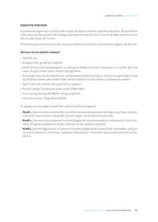 COMPETÈNCIES BÀSIQUES. ESO. LLENGÜES ESTRANGERES 103
DIMENSIÓ LITERÀRIA. COMPETÈNCIA 10
GEDICHTE VORLESEN
El professorat organitzarà un concurs de recitació de poemes entre els alumnes de la classe. Els qui ho facin
millor seran els representants de la llengua alemanya el dia de Sant Jordi i hauran de llegir el poema en veu
alta a la sala d’actes de l’institut.
A l’hora d’assajar la lectura en veu alta o la recitació del poema, es fan les recomanacions següents als alumnes:
Wie kann ich ein Gedicht vorlesen?
•	 Stell dich vor.
•	 Entspann dich, genieß dein Gedicht.
•	 Deine Stimme muss laut genug sein, um das ganze Publikum auf dich aufmerksam zu machen. Auch die
Leute, die ganz hinten sitzen, müssen dich gut hören.
•	 Entscheide, bevor du das Gedicht liest, was bei diesem Gedicht wichtig ist. Ist es ein lustiges Gedicht? Soll
das Publikum lachen oder lächeln? Oder soll das Publikum auf den Rythmus aufmerksam werden?
•	 Sprich nicht sehr schnell, aber auch nicht zu langsam.
•	 Pausen sind gut. Sie könnnen einen starken Effekt haben.
•	 Es ist wichtig, dass du alle Wörter richtig aussprichst.
•	 Sei nicht monoton. Zeige deine Gefühle.
En aquesta activitat podem establir els nivells d’assoliment següents:
•	 Nivell 1. L’alumne recita un poema breu i senzill de manera entenedora però amb alguna vacil·lació, amb pro-
nunciació i entonació prou adequades. Fa servir el gest i la veu de manera limitada.
•	 Nivell 2. L’alumne recita un poema d’una certa llargària de manera entenedora, amb entonació i dicció cor-
rectes. Els gestos (expressions facials i moviments) són apropiats al poema.
•	 Nivell 3. L’alumne llegeix/recita un poema d’una certa complexitat de manera fluïda i entenedora, amb pro-
nunciació, entonació i ritme fluids i adequats. Utilitza gestos i moviments que susciten emocions en l’au-
diència.
 