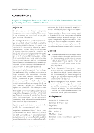 32 COMPETÈNCIES BÀSIQUES. ESO. LLENGÜES ESTRANGERES
DIMENSIÓ COMUNICACIÓ ORAL. COMPETÈNCIA 3
COMPETÈNCIA 3
Emprar estratègies d’interacció oral d’acord amb la situació comunicativa
per iniciar, mantenir i acabar el discurs
Explicació
Un conversador competent ha de saber emprar es-
tratègies per iniciar, mantenir i acabar el discurs, i par-
ticipar activament, amb interès i amb actitud dialo-
gant, en interaccions diverses.
Les estratègies d’interacció que s’han de desenvolu-
par són, per tant, saludar i prendre la paraula, triar
temes de conversa d’interès mutu i introduir el tema.
Són estratègies per mantenir la conversa: invitar a
parlar, escoltar activament, respectar el torn de parau-
la, negociar significats i la forma de la interacció, i to-
tes aquelles que ajuden a cooperar amb l’interlocutor
per fer fluir la conversa. Són estratègies per finalitzar
la comunicació oral: saber tancar la conversa, resu-
mir, si cal, i acomiadar-se. Aquestes estratègies cal
treballar-les explícitament perquè l’alumne en sigui
conscient. L’objectiu és preparar els aprenents per a
un ús interactiu de la llengua fora de l’aula.
La interacció implica la cooperació, d’una banda, pel
que fa a la negociaciódelssignificats, com ara demanar
i oferir aclariments sobre la informació, comprovar
que l’altre ens entén, compartir i confirmar la infor-
mació; i, d’altra banda, pel que fa a la negociació de la
forma, com ara col·laborar amb els interlocutors per
resoldre problemes d’incomprensió del lèxic, la gra-
màtica o la pronunciació, així com l’aplicació d’estra-
tègies d’autocorrecció i de correcció per part d’altres.
En el cas dels aprenents d’una llengua estrangera, cal
afegir altres estratègies comunicatives i d’interacció:
planificació; ús progressiu del repertori lèxic i dels ele-
ments morfosintàctics que s’han après prèviament;
compensació de les deficiències; control dels resultats
de la interacció; reparació o correcció.
Aquesta competència d’interacció oral manté vincles
amb les altres competències orals (1 i 2).
La gradació d’aquesta competència s’articula a partir
de la familiaritat amb el tema, del temps de planifica-
ció i de la quantitat de suport i de complexitat con-
ceptual i cognitiva de la tasca. També és part de la
gradació la varietat de recursos lingüístics lligats a les
estratègies: lèxic específic, entonació, expressivitat,
fluïdesa, elements no verbals i organització del text.
Així, la gradació anirà d’un tema conegut, per al qual
es disposa de molt suport o temps de planificació, a
un de menys conegut, per al qual es disposa de poc
suport o menys temps de planificació. Quant a com-
plexitat, pot anar d’un intercanvi d’informació amb fra-
ses molt simples a una tasca que implica raonar i do-
nar opinions amb oracions connectades i complexes.
Gradació
3.1.	 Utilitzar estratègies per iniciar, mantenir i acabar
la conversa i emprar estratègies de comunicació
oral per resoldre tasques comunicatives senzilles
i habituals, de complexitat cognitiva simple, que
requereixen recursos lingüístics bàsics i amb su-
ports abundants.
3.2.	 Aplicar estratègies per iniciar, mantenir i acabar
la conversa i emprar estratègies de comunicació
oral per resoldre tasques comunicatives que po-
den aparèixer en viatjar a indrets on es parla la
llengua, que requereixen recursos lingüístics
senzills i amb suport puntual.
3.3.	 Aplicar estratègies per iniciar, mantenir i acabar
la conversa i emprar estratègies de comunicació
per resoldre tasques comunicatives d’àmbits
personals i acadèmics, d’una major complexitat
cognitiva, que requereixen varietat de recursos
lingüístics i un cert grau d’improvisació.
Continguts clau
•	 Estratègies de producció oral.
•	 Estratègies d’interacció oral.
•	 Pragmàtica.
•	 Fonètica i fonologia.
•	 Lèxic i semàntica.
•	 Morfologia i sintaxi.
•	 Estratègies verbals i no verbals per superar mal-
entesos.
 