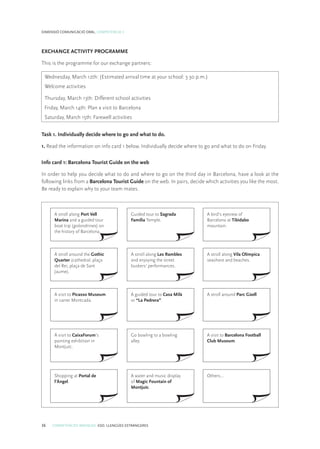 36 COMPETÈNCIES BÀSIQUES. ESO. LLENGÜES ESTRANGERES
DIMENSIÓ COMUNICACIÓ ORAL. COMPETÈNCIA 3
EXCHANGE ACTIVITY PROGRAMME
This is the programme for our exchange partners:
Wednesday, March 12th: (Estimated arrival time at your school: 3.30 p.m.)
Welcome activities
Thursday, March 13th: Different school activities
Friday, March 14th: Plan a visit to Barcelona
Saturday, March 15th: Farewell activities
Task 1. Individually decide where to go and what to do.
1. Read the information on info card 1 below. Individually decide where to go and what to do on Friday.
Info card 1: Barcelona Tourist Guide on the web
In order to help you decide what to do and where to go on the third day in Barcelona, have a look at the
following links from a Barcelona Tourist Guide on the web. In pairs, decide which activities you like the most.
Be ready to explain why to your team mates.
A stroll along Port Vell
Marina and a guided tour
boat trip (golondrines) on
the history of Barcelona.
Shopping at Portal de
l’Àngel.
A visit to CaixaForum’s
painting exhibition in
Montjuïc.
A stroll around the Gothic
Quarter (cathedral, plaça
del Rei, plaça de Sant
Jaume).
A visit to Picasso Museum
in carrer Montcada.
A bird’s eyeview of
Barcelona at Tibidabo
mountain.
Others…
A visit to Barcelona Football
Club Museum.
A stroll along Vila Olímpica
seashore and beaches.
A stroll around Parc Güell.
Guided tour to Sagrada
Família Temple.
A water and music display
of Magic Fountain of
Montjuïc.
Go bowling to a bowling
alley.
A stroll along Les Rambles
and enjoying the street
buskers’ performances.
A guided tour to Casa Milà
or “La Pedrera”.
 