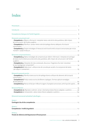 COMPETÈNCIES BÀSIQUES. ESO. LLENGÜES ESTRANGERES 3
ÍNDEX
Índex
Presentació................................................................................................................................................................	 5
Introducció................................................................................................................................................................	 6
Competències bàsiques de l’àmbit lingüístic........................................................................................................	 8
Dimensió comunicació oral....................................................................................................................................	 9
• Competència 1. Obtenir informació i interpretar textos orals de la vida quotidiana, dels mitjans
de comunicació i de l’àmbit acadèmic.................................................................................................................	 10
• Competència 2. Planificar i produir textos orals de tipologia diversa adequats a la situació
comunicativa..........................................................................................................................................................	 21
• Competència 3. Emprar estratègies d’interacció oral d’acord amb la situació comunicativa per iniciar,
mantenir i acabar el discurs..................................................................................................................................	 32
Dimensió comprensió lectora.................................................................................................................................	44
• Competència 4. Aplicar estratègies de comprensió per obtenir informació i interpretar el contingut
de textos escrits d’estructura clara de la vida quotidiana, dels mitjans de comunicació i de l’àmbit
acadèmic.................................................................................................................................................................	 45
• Competència 5. Interpretar els trets contextuals, discursius i lingüístics d’un text i reconèixer
la seva tipologia per comprendre’l.......................................................................................................................	 54
• Competència 6. Seleccionar i utilitzar eines de consulta per accedir a la comprensió de textos
i per adquirir coneixement....................................................................................................................................	63
Dimensió expressió escrita.....................................................................................................................................	 71
• Competència 7. Planificar textos escrits de tipologia diversa utilitzant els elements de la situació
comunicativa..........................................................................................................................................................	 72
• Competència 8. Produir textos escrits de diferents tipologies i formats aplicant estratègies
de textualització.....................................................................................................................................................	80
• Competència 9. Revisar el text per millorar-lo segons el propòsit comunicatiu amb l’ajut de suports......	88
Dimensió literària.....................................................................................................................................................	 95
• Competència 10. Reproduir oralment, recitar i dramatitzar textos literaris adaptats o autèntics...............	96
• Competència 11. Comprendre i valorar textos literaris adaptats o autèntics................................................ 104
Dimensió transversal actitudinal i plurilingüe......................................................................................................	112
Annex 1
Continguts clau de les competències....................................................................................................................	115
Annex 2
Competències i nivells de gradació........................................................................................................................	117
Annex 3
Portals de referència del Departament d’Ensenyament......................................................................................	121
 