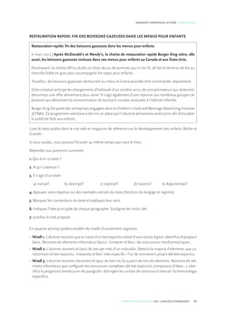 COMPETÈNCIES BÀSIQUES. ESO. LLENGÜES ESTRANGERES 59
DIMENSIÓ COMPRENSIÓ LECTORA. COMPETÈNCIA 5
RESTAURATION RAPIDE: FIN DES BOISSONS GAZEUSES DANS LES MENUS POUR ENFANTS
Restauration rapide: fin des boissons gazeuses dans les menus pour enfants
6 mars 2015 | Après McDonald’s et Wendy’s, la chaîne de restauration rapide Burger King retire, elle
aussi, les boissons gazeuses incluses dans ses menus pour enfants au Canada et aux États-Unis.
Dorénavant, la chaîne offrira plutôt un choix de jus de pommes pur à 100 %, de lait écrémé ou de lait au
chocolat faible en gras pour accompagner les repas pour enfants.
Toutefois, les boissons gazeuses demeurent au menu et il sera possible d’en commander séparément.
Cette initiative anticipe les changements d’habitude d’un nombre accru de consommateurs qui réclament
désormais une offre alimentaire plus saine. Il s’agit également d’une réponse aux nombreux groupes de
pression qui dénoncent la consommation de boissons sucrées associées à l’obésité infantile.
Burger King fait partie des entreprises engagées dans la Children’s Food and Beverage Advertising Initiative
(CFBAI). Ce programme volontaire a été mis en place par l’industrie alimentaire américaine afin d’encadrer
la publicité faite aux enfants.
Lisez le texte publié dans le site web et magazine de référence sur le développement des enfants Naître et
Grandir.
Si vous voulez, vous pouvez l’écouter au même temps que vous le lisez.
Répondez aux questions suivantes:
1. Qui écrit ce texte ?
2. À qui s’adresse ?
3. Il s’agit d’un texte :
	 a) narratif	 b) descriptif	 c) explicatif	 d) Injonctif	 e) Argumentatif
4. Appuyez votre réponse sur des exemples extraits du texte (fonction du langage et registre).
5. Marquez les connecteurs du texte et expliquez leur sens.
6. Indiquez l’idée principale de chaque paragraphe. Soulignez les mots clés.
7. Justifiez le titre proposé.
En aquesta activitat podem establir els nivells d’assoliment següents:
• 	Nivell 1. L’alumne reconeix que es tracta d’un text expositiu extret d’una revista digitaI. Identifica el propòsit
bàsic. Reconeix els elements informatius bàsics. Comprèn el lèxic i les estructures morfosintàctiques.
• 	Nivell 2. L’alumne reconeix el tipus de text per més d’un indicador. Detecta la majoria d’elements que ca-
racteritzen el text expositiu. Interpreta el lèxic més específic i l’ús de connectors propis del text expositiu.
• 	Nivell 3. L’alumne reconeix clarament el tipus de text i ho fa a partir de tots els elements. Reconeix els ele-
ments informatius que configuren les estructures complexes del text (oposició, comparació d’idees...), iden-
tifica la progressió temàtica en els paràgrafs i distingeix les unitats de construcció textual i la terminologia
específica.
 