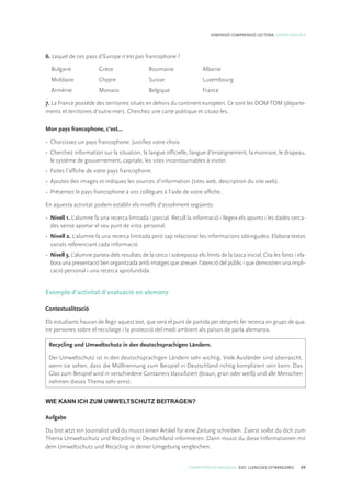 COMPETÈNCIES BÀSIQUES. ESO. LLENGÜES ESTRANGERES 69
DIMENSIÓ COMPRENSIÓ LECTORA. COMPETÈNCIA 6
6. Lequel de ces pays d’Europe n’est pas francophone ?
Bulgarie	 Grèce	 Roumanie 	 Albanie
Moldavie	 Chypre	 Suisse	 Luxembourg
Arménie 	 Monaco	 Belgique	 France
7. La France possède des territoires situés en dehors du continent européen. Ce sont les DOM TOM (départe-
ments et territoires d’outre-mer). Cherchez une carte politique et situez-les.
Mon pays francophone, c’est...
•	 Choisissez un pays francophone. Justifiez votre choix.
•	 Cherchez information sur la situation, la langue officielle, langue d’enseignement, la monnaie, le drapeau,
le système de gouvernement, capitale, les sites incontournables à visiter.
•	 Faites l’affiche de votre pays francophone.
•	 Ajoutez des images et indiquez les sources d’information (sites web, description du site web).
•	 Présentez le pays francophone à vos collègues à l’aide de votre affiche.
En aquesta activitat podem establir els nivells d’assoliment següents:
•	 Nivell 1. L’alumne fa una recerca limitada i parcial. Recull la informació i llegeix els apunts i les dades cerca-
des sense aportar el seu punt de vista personal.
•	 Nivell 2. L’alumne fa una recerca limitada però sap relacionar les informacions obtingudes. Elabora textos
variats referenciant cada informació.
•	 Nivell 3. L’alumne parteix dels resultats de la cerca i sobrepassa els límits de la tasca inicial. Cita les fonts i ela-
bora una presentació ben organitzada amb imatges que atreuen l’atenció del públic i que demostren una impli-
cació personal i una recerca aprofundida.
Exemple d’activitat d’avaluació en alemany
Contextualització
Els estudiants hauran de llegir aquest text, que serà el punt de partida per després fer recerca en grups de qua-
tre persones sobre el reciclatge i la protecció del medi ambient als països de parla alemanya.
Recycling und Umweltschutz in den deutschsprachigen Ländern.
Der Umweltschutz ist in den deutschsprachigen Ländern sehr wichtig. Viele Ausländer sind überrascht,
wenn sie sehen, dass die Mülltrennung zum Beispiel in Deutschland richtig kompliziert sein kann. Das
Glas zum Beispiel wird in verschiedene Containers klassifiziert (braun, grün oder weiß) und alle Menschen
nehmen dieses Thema sehr ernst.
WIE KANN ICH ZUM UMWELTSCHUTZ BEITRAGEN?
Aufgabe
Du bist jetzt ein Journalist und du musst einen Artikel für eine Zeitung schreiben. Zuerst sollst du dich zum
Thema Umweltschutz und Recycling in Deutschland informieren. Dann musst du diese Informationen mit
dem Umweltschutz und Recycling in deiner Umgebung vergleichen.
 