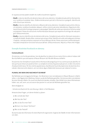 78 COMPETÈNCIES BÀSIQUES. ESO. LLENGÜES ESTRANGERES
DIMENSIÓ EXPRESSIÓ ESCRITA. COMPETÈNCIA 7
En aquesta activitat podem establir els nivells d’assoliment següents:
• 	Nivell 1. L’alumne identifica els elements bàsics del correu electrònic. Completa la taula amb la informació bà-
sica. Localitza el vocabulari bàsic. Ordena temàticament part de la informació en paràgrafs. Identifica els
verbs d’acció que necessita.
• 	Nivell 2. L’alumne identifica els elements rellevants del correu electrònic. Completa la taula amb la informa-
ció necessària. Localitza el vocabulari adequat i utilitza sinònims per evitar redundàncies. Organitza la infor-
mació d’acord amb el contingut proposat a cada paràgraf. Identifica els verbs que necessita en la forma verbal
corresponent. Preveu les estructures morfosintàctiques bàsiques que requereix el contingut de cada parà-
graf. Utilitza emoticones.
• 	Nivell 3. L’alumne identifica tots els elements del correu. Completa la taula amb la informació necessària i
n’amplia els detalls. Amplia el lèxic necessari per enriquir el text. Identifica els verbs amb adequació al temps
i l’aspecte, i anticipa connectors necessaris en funció del tipus de text. Preveu estructures morfosintàctiques i
marcadors temporals en funció de l’estructura del text. Utilitza emoticones. Adjunta un fitxer amb imatges.
Exemple d’activitat d’avaluació en alemany
Contextualització
Els alumnes, en el rol de periodistes, han de planificar la redacció d’una notícia fictícia sobre el robatori del
Bust de Nefertiti que està exposat al Neues Museum de l’Illa dels Museus de Berlín.
Els alumnes han d’emplenar la taula amb la informació del paràgraf que hi ha a continuació per planificar el
text que hauran d’escriure posteriorment. La compleció correcta d’aquesta taula pot ser un dels instruments
d’avaluació de la tasca. Per dur a terme aquesta tasca, el professorat haurà de proporcionar als alumnes el vo-
cabulari relacionat amb robatoris, així com donar alguns Redemittel necessaris per redactar la notícia.
PLANEN, WIE MAN EINE NACHRICHT SCHREIBT
Die Nofretete war eine ägyptische Königin. Ihre Büste kann man normalerweise im Neuen Museum in Berlin
sehen, in der Ägyptischen Abteilung. Gestern wurde die Nofretete gestohlen. Du bist Journalist und arbeitest
bei einer Zeitung in Berlin. Du musst eine Nachricht darüber schreiben. Dein Artikel muss diese Informationen
haben: was, wie, wann, wo und warum das passiert ist und wer die Nofretete gestohlen hat.
Deine Aufgabe ist:
• Schreib eine Nachricht für eine Zeitung in Berlin in fünf Absätzen.
Antworte diese Fragen, um deinen Artikel zu planen:
1. Wer schreibt den Text?
2. Wer liest den Text?
3. Was ist das für einen Text?
4. Wo kann man diesen Text lesen?
5. Was ist das Textziel?
Du kannst jetzt die Information für deine Nachricht organisieren. Ergänze die Tabelle mit den Informationen
von oben.
 
