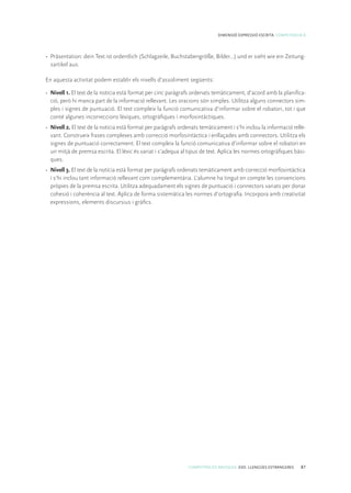 COMPETÈNCIES BÀSIQUES. ESO. LLENGÜES ESTRANGERES 87
DIMENSIÓ EXPRESSIÓ ESCRITA. COMPETÈNCIA 8
•	 Präsentation: dein Text ist ordentlich (Schlagzeile, Buchstabengröße, Bilder...) und er sieht wie ein Zeitung-
sartikel aus.
En aquesta activitat podem establir els nivells d’assoliment següents:
• 	Nivell 1. El text de la notícia està format per cinc paràgrafs ordenats temàticament, d’acord amb la planifica-
ció, però hi manca part de la informació rellevant. Les oracions són simples. Utilitza alguns connectors sim-
ples i signes de puntuació. El text compleix la funció comunicativa d’informar sobre el robatori, tot i que
conté algunes incorreccions lèxiques, ortogràfiques i morfosintàctiques.
• 	Nivell 2. El text de la notícia està format per paràgrafs ordenats temàticament i s’hi inclou la informació relle-
vant. Construeix frases complexes amb correcció morfosintàctica i enllaçades amb connectors. Utilitza els
signes de puntuació correctament. El text compleix la funció comunicativa d’informar sobre el robatori en
un mitjà de premsa escrita. El lèxic és variat i s’adequa al tipus de text. Aplica les normes ortogràfiques bàsi-
ques.
• 	Nivell 3. El text de la notícia està format per paràgrafs ordenats temàticament amb correcció morfosintàctica
i s’hi inclou tant informació rellevant com complementària. L’alumne ha tingut en compte les convencions
pròpies de la premsa escrita. Utilitza adequadament els signes de puntuació i connectors variats per donar
cohesió i coherència al text. Aplica de forma sistemàtica les normes d’ortografia. Incorpora amb creativitat
expressions, elements discursius i gràfics.
 