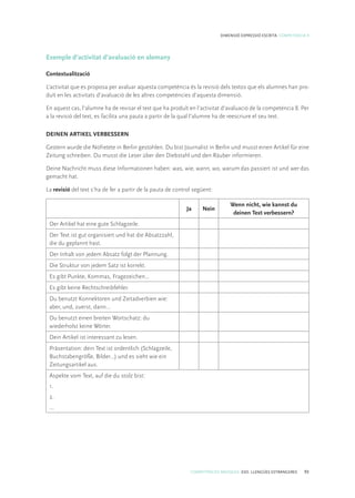COMPETÈNCIES BÀSIQUES. ESO. LLENGÜES ESTRANGERES 93
DIMENSIÓ EXPRESSIÓ ESCRITA. COMPETÈNCIA 9
Exemple d’activitat d’avaluació en alemany
Contextualització
L’activitat que es proposa per avaluar aquesta competència és la revisió dels textos que els alumnes han pro-
duït en les activitats d’avaluació de les altres competències d’aquesta dimensió.
En aquest cas, l’alumne ha de revisar el text que ha produït en l’activitat d’avaluació de la competència 8. Per
a la revisió del text, es facilita una pauta a partir de la qual l’alumne ha de reescriure el seu text.
DEINEN ARTIKEL VERBESSERN
Gestern wurde die Nofretete in Berlin gestohlen. Du bist Journalist in Berlin und musst einen Artikel für eine
Zeitung schreiben. Du musst die Leser über den Diebstahl und den Räuber informieren.
Deine Nachricht muss diese Informationen haben: was, wie, wann, wo, warum das passiert ist und wer das
gemacht hat.
La revisió del text s’ha de fer a partir de la pauta de control següent:
Ja Nein
Wenn nicht, wie kannst du
deinen Text verbessern?
Der Artikel hat eine gute Schlagzeile.
Der Text ist gut organisiert und hat die Absatzzahl,
die du geplannt hast.
Der Inhalt von jedem Absatz folgt der Plannung.
Die Struktur von jedem Satz ist korrekt.
Es gibt Punkte, Kommas, Fragezeichen...
Es gibt keine Rechtschreibfehler.
Du benutzt Konnektoren und Zeitadverbien wie:
aber, und, zuerst, dann...
Du benutzt einen breiten Wortschatz: du
wiederholst keine Wörter.
Dein Artikel ist interessant zu lesen.
Präsentation: dein Text ist ordentlich (Schlagzeile,
Buchstabengröße, Bilder...) und es sieht wie ein
Zeitungsartikel aus.
Aspekte vom Text, auf die du stolz bist:
1.
2.
…
 