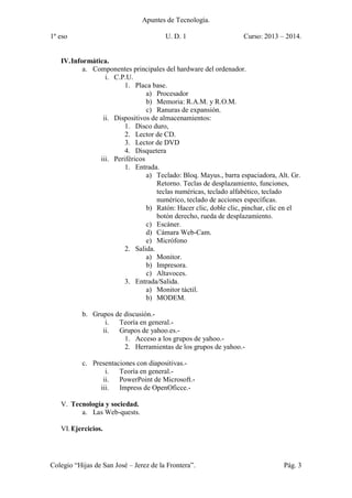 Apuntes de Tecnología.
1º eso U. D. 1 Curso: 2013 – 2014.
Colegio “Hijas de San José – Jerez de la Frontera”. Pág. 3
IV.Informática.
a. Componentes principales del hardware del ordenador.
i. C.P.U.
1. Placa base.
a) Procesador
b) Memoria: R.A.M. y R.O.M.
c) Ranuras de expansión.
ii. Dispositivos de almacenamientos:
1. Disco duro,
2. Lector de CD.
3. Lector de DVD
4. Disquetera
iii. Periféricos
1. Entrada.
a) Teclado: Bloq. Mayus., barra espaciadora, Alt. Gr.
Retorno. Teclas de desplazamiento, funciones,
teclas numéricas, teclado alfabético, teclado
numérico, teclado de acciones específicas.
b) Ratón: Hacer clic, doble clic, pinchar, clic en el
botón derecho, rueda de desplazamiento.
c) Escáner.
d) Cámara Web-Cam.
e) Micrófono
2. Salida.
a) Monitor.
b) Impresora.
c) Altavoces.
3. Entrada/Salida.
a) Monitor táctil.
b) MODEM.
b. Grupos de discusión.-
i. Teoría en general.-
ii. Grupos de yahoo.es.-
1. Acceso a los grupos de yahoo.-
2. Herramientas de los grupos de yahoo.-
c. Presentaciones con diapositivas.-
i. Teoría en general.-
ii. PowerPoint de Microsoft.-
iii. Impress de OpenOficce.-
V. Tecnología y sociedad.
a. Las Web-quests.
VI.Ejercicios.
 
