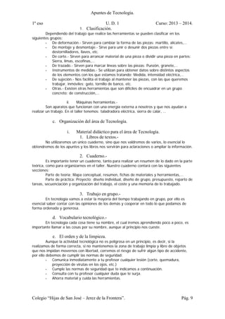 Apuntes de Tecnología.
1º eso U. D. 1 Curso: 2013 – 2014.
Colegio “Hijas de San José – Jerez de la Frontera”. Pág. 9
1. Clasificación.
Dependiendo del trabajo que realice las herramientas se pueden clasificar en los
siguientes grupos:
- De deformación.- Sirven para cambiar la forma de las piezas: martillo, alicates,…
- De montaje y desmontaje.- Sirve para unir o desunir dos piezas entre sí:
destornilladores, llaves, etc.
- De corte.- Sirven para arrancar material de una pieza o dividir una pieza en partes:
Sierra, limas, escofinas,…
- De trazado.- Sirven para marcar líneas sobre las piezas: Punzón, granete,…
- Instrumentos de medidas.- Se utilizan para obtener datos sobre distintos aspectos
de los elementos con los que estamos tratando: Medida, intensidad eléctrica,…
- De sujeción.- Nos facilita el trabajo al mantener las piezas, con las que queremos
trabajar, inmóviles: gato, tornillo de banco, etc.
- Otras.- Existen otras herramientas que son difíciles de encuadrar en un grupo
concreto: de construcción,…
ii. Máquinas herramientas.-
Son aparatos que funcionan con una energía externa a nosotros y que nos ayudan a
realizar un trabajo. En el taller tenemos: taladradora eléctrica, sierra de calar, …
c. Organización del área de Tecnología.
i. Material didáctico para el área de Tecnología.
1. Libros de textos.-
No utilizaremos un único cuaderno, sino que nos valdremos de varios, lo esencial lo
obtendremos de los apuntes y los libros nos servirán para aclaraciones o ampliar la información.
2. Cuaderno.-
Es importante tener un cuaderno, tanto para realizar un resumen de lo dado en la parte
teórica, como para organizarnos en el taller. Nuestro cuaderno contará con las siguientes
secciones:
Parte de teoría: Mapa conceptual, resumen, fichas de materiales y herramientas,…
Parte de práctica: Proyecto; diseño individual, diseño de grupo, presupuesto, reparto de
tareas, secuenciación y organización del trabajo, el coste y una memoria de lo trabajado.
3. Trabajo en grupo.-
En tecnología vamos a estar la mayoría del tiempo trabajando en grupo, por ello es
esencial saber contar con las opiniones de los demás y cooperar en todo lo que podamos de
forma ordenada y generosa.
d. Vocabulario tecnológico.-
En tecnología cada cosa tiene su nombre, el cual iremos aprendiendo poco a poco, es
importante llamar a las cosas por su nombre, aunque al principio nos cueste.
e. El orden y de la limpieza.
Aunque la actividad tecnológica no es peligrosa en un principio, es decir, si la
realizamos de forma correcta, si no mantenemos la zona de trabajo limpia y libre de objetos
que nos impidan movernos con libertad, corremos el riesgo de sufrir algún tipo de accidente,
por ello debemos de cumplir las normas de seguridad:
- Comunica inmediatamente a tu profesor cualquier lesión (corte, quemadura,
proyección de virutas en los ojos, etc.)
- Cumple las normas de seguridad que te indicamos a continuación.
- Consulta con tu profesor cualquier duda que te surja.
- Ahorra material y cuida las herramientas.
 