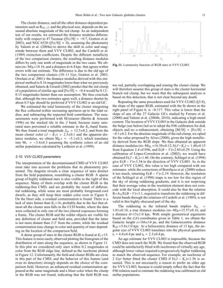 Moni Bidin et al.: Two new Galactic globular clusters                                        11

     The cluster distance, and all the other distance-dependent pa-
rameters such as RGC , z, and the physical size, depends on the as-
sumed absolute magnitude of the red clump. As an independent
test of our results, we estimated the distance modulus diﬀeren-
tially with respect to 47 Tucanae ([Fe/H] = −0.7, Gratton et al.
2003), and NGC 6528 ([Fe/H] ≈ 0), assuming the photometry
by Valenti et al. (2004a) to derive the shift in color and mag-
nitude between them and VVV CL002, and the Cardelli et al.
(1989) extinction coeﬃcients. Despite the diﬀerent metallicity
of the two comparison clusters, the resulting distance modulus
diﬀers by only one tenth of magnitude in the two cases. We ob-
                                                                       Fig. 11. Luminosity function of RGB stars in VVV CL003.
tain (m−M)0 =14.16, and a distance d=6.8 kpc. that agrees within
errors with our estimate. The diﬀerence is due to the old age of
the two comparison clusters (10–11 Gyr, Gratton et al. 2003;
Ortolani et al. 2001): the distance modulus derived with this em-
pirical method is 0.16 magnitudes lower than what we previously
obtained, and Salaris & Girardi (2002) predict that the red clump      too red, partially overlapping and erasing the cluster clump. We
of a population of similar age and [Fe/H] = −0.4 would be 0.12–        will therefore assume this group of stars is the cluster horizontal
0.15 magnitudes fainter than our assumption. We thus conclude          branch red clump, but we warn that the subsequent analysis is
that, although the two estimates agree well, a distance shorter by     based on this detection, that is not clear beyond any doubt.
about 0.5 kpc should be preferred if VVV CL002 is an old GC.                Repeating the same procedures used for VVV CL002 (§3.9),
     We estimated the total luminosity of the cluster integrating      the slope of the upper RGB, estimated with the ﬁt shown in the
the ﬂux collected within increasing apertures up to the tidal ra-      right panel of Figure 6, is −0.117. This value is lower than the
dius, and subtracting the expected ﬁeld contribution. The mea-         slope of any of the 27 Galactic GCs studied by Ferraro et al.
surements were performed with SExtractor (Bertin & Arnouts             (2000) and Valenti et al. (2004b, 2010), indicating a high metal
1996) on the stacked tile in the J band, because many satu-            content. The location of VVV CL003 in the Galactic disk outside
rated stars prevented a reliable estimate in the Ks -band frame.       the bulge (see below) led us to adopt the F06 calibration for disk
We thus found a total magnitude Jtot = 12.5±0.2, and from the          objects and no α-enhancement, obtaining [M/H] = [Fe/H] =
mean cluster color (J − K2 ) = 2.3±0.1 and the apparent dis-           −0.1±0.2. For the absolute magnitude of the red clump, we opted
tance modulus, we obtain MK s = −5.1±0.3, which translates             for the value proposed by Alves (2000), given the high metallic-
into MV = −3.4±0.3 assuming the synthetic colors of an old             ity derived from the RGB slope. We thus obtained an apparent
stellar population calculated by Leitherer et al. (1999).              distance modulus (m−M)Ks =16.58±0.12, E(J −Ks ) = 1.48±0.15
                                                                       from Equation 2.4 of F06, and E(B − V)=2.85±0.29. Using the
                                                                       calibration of L´ pez-Corredoira et al. (2002), we would have
                                                                                         o
3.10. VVV CL003 parameters                                             obtained E(J − Ks )=1.46. On the contrary, Schlegel et al. (1998)
The interpretation of the decontaminated CMD of VVV CL003              give E(B − V)=3.34 in the direction of VVV CL003. As in the
must take into account the problems that its photometry pre-           case of VVV CL002, this value is too high compared with our
sented. The diagram reveals a clear sequence of stars distinct         estimates, while the corrections of Bonifacio et al. (2000) reduce
from the ﬁeld population, resembling a cluster RGB. A sparse           it too much, returning E(B − V)=2.19. However, the resolution
group of highly reddened stars is also visible to the right of this    of the Schlegel et al. (1998) maps is too low for this region of
sequence. Many of them overlap with the cluster RGB in the             the sky of strong reddening gradients, and it is not surprising
reddening-free CMD, and are probably the result of diﬀeren-            that their average value in the resolution element does not coin-
tial reddening, while some are most probably foreground cool           cide with the local absorption. It could also be that the relation
dwarfs, as they still keep their redder color even in Figure 8.        R=AV /E(B − V)=3.1, required to transform the reddening in dif-
On the bluer side, a residual contamination is found. There is a       ferent bands through the relations of Cardelli et al. (1989), is not
lack of stars fainter than Ks =16, probably due to the fact that al-   valid in this highly obscured part of the sky.
most all the cluster area falls in the CCD border, where the data           The reddening in the infrared bands implies AKs =
were collected in only one of the two jittered exposures forming       1.01±0.10, a true distance modulus (m−M)0 =15.57±0.16, and
a frame. The cluster RGB and the redder objects are visible for        a distance d=13±1.0 kpc. With simple geometrical arguments
any deﬁnition of cluster and ﬁeld area, provided that the latter       based on the (l,b) coordinates given in Table 1, we obtain the
is not more distant than 2-3′ from the center, while the residual      Galactic height z=166±14 pc, and the Galactocentric distance
contamination may change in color and quantity of stars depend-        RGC =5.0±1.0 kpc. At a heliocentric distance of 13 kpc, the an-
ing on the location of the comparison ﬁeld.                            gular size of VVV CL003 translates into the physical quantities
     A dense group of stars in the cluster RGB is found at Ks =15.     rt = 6.8±0.4 pc and rh = 2.3±0.4 pc.
This feature is more easily observed plotting the histogram of the          An age estimate for VVV CL003 is impossible, because the
distribution of stars along the sequence, as shown in Figure 11.       CMD does not reach the SGB. We found that the observed RGB
In this plot we considered only stars within 0.2 magnitudes in         could be satisfactorily ﬁtted with isochrones of virtually any age,
color from the RGB ridge line, deﬁned as the isochrone plotted         although lower values required a progressively higher reddening
in Figure 12. Unfortunately, the ﬁeld and cluster RGBs are close       to match the observed sequence. For example, an isochrone of
in this part of the CMD, and the behavior of this feature (and         2 Gyr better ﬁtted the cluster CMD if E(J − Ks )=1.56 is as-
even its detection) strongly depends on the choice of the com-         sumed. This is not necessarily a reason to prefer an older age
parison ﬁeld. However, an enhanced residual contamination ap-          for VVV CL003, because it could simply reﬂect the fact that the
peared at the same magnitude and a bluer color when the clump          F06 relation used to estimate the reddening was calibrated on old
in the RGB was not found, indicating that the ﬁeld RGB was             stellar populations.
 