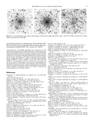 Moni Bidin et al.: Two new Galactic globular clusters                                                           13




          ′      ′
Fig. 13. 2. 4 × 2. 4 logarithmic grey-scale Ks -band images of (from left to right) NGC 6528, Liller 1, and VVV CL002, from the VVV archive.
North is up and East is to the right.



and, despite a large list of candidates (e.g., Pavani & Bica 2007;                  Friel, E. D. 1995, ARA&A, 33, 381
Bica et al. 2001), only one genuine OCR has been to date spec-                      Frinchaboy, P. M., Majewski, S. R., Crane, J. D., et al. 2004, ApJ, 602, L21
troscopically conﬁrmed (NGC 1901, Carraro et al. 2007a).                            Froebrich, D., Meusinger, H., & Davis, C. J. 2008a, MNRAS, 383, L45
                                                                                    Froebrich, D., Meusinger, H., & Scholz, A. 2008b, MNRAS, 390, 1598
                                                                                    Gallart, C., Zoccali, M., Bertelli, G., et al. 2003, AJ, 125, 742
Acknowledgements. We gratefully acknowledge use of data from the ESO                Geisler, D., Wallerstein, G., Smith, V. V., & Casetti-Dinescu, D. I. 2007, PASP,
Public Survey programme ID 179.B-2002 taken with the VISTA telescope, and               119, 939
data products from the Cambridge Astronomical Survey Unit, We acknowledge           Gnedin, O. Y., & Ostriker, J. P. 1997, ApJ, 474, 223
support by the FONDAP Center for Astrophysics 15010003, BASAL Center for            Gratton, R. G., Bragaglia, A., Carretta, E., et al. 2003, A&A, 408, 529
Astrophysics and Associated Technologies PFB-06/2007, the Chilean Ministry          Grocholski, A. J., & Sarajedini, A. 2002, AJ, 123, 1603
for the Economy, Development, and Tourism’s Programa Iniciativa Cient´ﬁca  ı        Harris, W. E. 1996, AJ, 112, 1487
Milenio through grant P07-021-F, awarded to The Milky Way Millennium                Irwin, M. 1999, in IAU Symposium, Vol. 192, The Stellar Content of Local
Nucleus, FONDECYT 1090213, 1080086, 1110393 and 1110326, and from                       Group Galaxies, ed. P. Whitelock & R. Cannon, 409
CONICYT. This investigation made use of data from the Two Micron All                Irwin, M. J., Lewis, J., Hodgkin, S., et al. 2004, in Society of Photo-Optical
Sky Survey, which is a joint project of the University of Massachusetts and             Instrumentation Engineers (SPIE) Conference Series, ed. P. J. Quinn &
the Infrared Processing and Analysis Center/California Institute of Technology,         A. Bridger, Vol. 5493, 411
funded by the National Aeronautics and Space Administration and the National        Ivanov, V. D., Kurtev, R., & Borissova, J. 2005, A&A, 442, 195
Science Foundation. We thank the referee, W. E. Harris, for improving the           Joshi, Y. C. 2005, MNRAS, 362, 1259
manuscript quality with his detailed comments.                                      Kim, Y.-C., Demarque, P., Yi, S. K., & Alexander, D. R. 2002, ApJS, 143, 499
                                                                                    King, I. R. 1966, AJ, 71, 64
                                                                                    Koposov, S., de Jong, J. T. A., Belokurov, V., et al. 2007, ApJ, 669, 337
References                                                                          Kuchinski, L. E., & Frogel, J. A. 1995, AJ, 110, 2844
                                                                                    Kuchinski, L. E., Frogel, J. A., Terndrup, D. M., & Persson, S. E. 1995, AJ, 109,
Abazajian, K. N., Adelman-McCarthy, J. K., Ag¨ eros, M. A., et al. 2009, ApJS,
                                                   u                                    1131
   182, 543                                                                         K¨ pper, A. H. W., Kroupa, P., Baumgardt, H., & Heggie, D. C. 2010a, MNRAS,
                                                                                      u
Alves, D. R. 2000, ApJ, 539, 732                                                        407, 2241
Barbuy, B., Zoccali, M., Ortolani, S., et al. 2006, A&A, 449, 349                   K¨ pper, A. H. W., Kroupa, P., Baumgardt, H., & Heggie, D. C. 2010b, MNRAS,
                                                                                      u
Belokurov, V., Evans, N. W., Irwin, M. J., et al. 2007, ApJ, 658, 337                   401, 105
Benjamin, R. A., Churchwell, E., Babler, B. L., et al. 2003, PASP, 115, 953         Lamb, D. Q., Bulik, T., & Coppi, P. S. 1996, in American Institute of
Bertin, E., & Arnouts, S. 1996, A&AS, 117, 393                                          Physics Conference Series, Vol. 366, High Velocity Neutron Stars, ed.
Bica, E., Bonatto, C., Ortolani, S., & Barbuy, B. 2007, A&A, 472, 483                   R. E. Rothschild & R. E. Lingenfelter, 219
Bica, E., Santiago, B. X., Dutra, C. M., et al. 2001, A&A, 366, 827                 Law, D. R., & Majewski, S. R. 2010, ApJ, 718, 1128
Bonatto, C., Bica, E., Ortolani, S., & Barbuy, B. 2007, MNRAS, 381, L45             Leitherer, C., Schaerer, D., Goldader, J. D., et al. 1999, ApJS, 123, 3
Bonifacio, P., Monai, S., & Beers, T. C. 2000, AJ, 120, 2065                        Longmore, A. J., Kurtev, R., Lucas, P. W., et al. 2011, MNRAS, 1184
Borissova, J., Bonatto, C., Kurtev, R., et al. 2011, A&A, 532, A131                 L´ pez-Corredoira, M., Cabrera-Lavers, A., Garz´ n, F., & Hammersley, P. L.
                                                                                      o                                                   o
Cardelli, J. A., Clayton, G. C., & Mathis, J. S. 1989, ApJ, 345, 245                    2002, A&A, 394, 883
Carraro, G. 2005, ApJ, 621, L61                                                     Mallen-Ornelas, G., & Djorgovski, S. 1993, in Astronomical Society of the
Carraro, G., de La Fuente Marcos, R., Villanova, S., et al. 2007a, A&A, 466, 931        Paciﬁc Conference Series, Vol. 50, Structure and Dynamics of Globular
Carraro, G., Zinn, R., & Moni Bidin, C. 2007b, A&A, 466, 181                            Clusters, ed. S. G. Djorgovski & G. Meylan, 313
Carretta, E., Bragaglia, A., Gratton, R., D’Orazi, V., & Lucatello, S. 2009, A&A,   Mermilliod, J. 1996, in Astronomical Society of the Paciﬁc Conference Series,
   508, 695                                                                             Vol. 90, The Origins, Evolution, and Destinies of Binary Stars in Clusters, ed.
Catelan, M., Minniti, D., Lucas, P. W., et al. 2011, in Carnegie Observatories          E. F. Milone & J.-C. Mermilliod, 475
   Astrophysics Series, Vol. 5, RR Lyrae Stars, Metal-Poor Stars, and the           Meylan, G., & Heggie, D. C. 1997, A&A Rev., 8, 1
   Galaxy, ed. A. McWilliam (arXiv:1105.1119)                                       Minniti, D., Hempel, M., Toledo, I., et al. 2011, A&A, 527, A81
Cohen, J. G. 2004, AJ, 127, 1545                                                    Minniti, D., Lucas, P. W., Emerson, J. P., et al. 2010, New A, 15, 433
Crane, J. D., Majewski, S. R., Rocha-Pinto, H. J., et al. 2003, ApJ, 594, L119      Monaco, L., Saviane, I., Correnti, M., Bonifacio, P., & Geisler, D. 2011, A&A,
Davidge, T. J. 2000, ApJS, 126, 105                                                     525, 124
de La Fuente Marcos, R. 1997, A&A, 322, 764                                         Moni Bidin, C., de La Fuente Marcos, R., de La Fuente Marcos, C., & Carraro,
de La Fuente Marcos, R. 1998, A&A, 333, L27                                             G. 2010, A&A, 510, 44
Elson, R. A. W., Fall, S. M., & Freeman, K. C. 1987, ApJ, 323, 54                   Nishiyama, S., Tamura, M., Hatano, H., et al. 2009, ApJ, 696, 1407
Emerson, J., & Sutherland, W. 2010, The Messenger, 139, 2                           Origlia, L., Rich, R. M., & Castro, S. M. 2001, in Bulletin of the American
Feltzing, S., & Johnson, R. A. 2002, A&A, 385, 67                                       Astronomical Society, Vol. 33, American Astronomical Society Meeting
Ferraro, F. R., Montegriﬀo, P., Origlia, L., & Fusi Pecci, F. 2000, AJ, 119, 1282       Abstracts, 1386
Ferraro, F. R., Valenti, E., & Origlia, L. 2006, ApJ, 649, 243
 