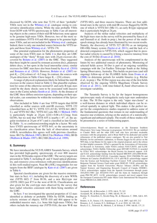 C. J. Evans et al.: The VLT-FLAMES Tarantula Survey. I.

discussed by GC09, who note that 72.5% of their “probable”             (VFTS 682), and three massive binaries. There are four addi-
YSOs were not in the Whitney et al. catalogue owing to con-            tional stars in the survey with mid-IR exceses ﬂagged by GC09,
servative identiﬁcation criteria. While the nine probable YSOs         one of which is VFTS 641 (Mk 11), an early B-type supergiant
from GC09 with VFTS spectroscopy in Table 4 are all interest-          that is particularly bright at 24 μm.
ing objects in the context of their mid-IR behaviour, none appear           Analysis of the stellar radial velocities and multiplicity of
to be genuine high-mass YSOs. However, two of the more se-             the high-mass stars in the survey will be presented by Sana et al.
cure candidates (VFTS 410 and 464) appear to be genuine high-          and Dunstall et al. (both in prep.), but the power of the multi-
mass YSOs, and are not included in the Whitney et al. catalogue.       epoch strategy has already been illustrated by two recent results.
Indeed, there is only one matched source between the VFTS tar-         Namely, the discovery of VFTS 527 (R139) as an intriguing
gets and those from Whitney et al.: VFTS 178.                          OIf+OIfc binary system (Taylor et al. 2011), and the lack of a
     One potential explanation for the photometric properties of       detected companion to VFTS 016, which suggest that its pecu-
some of the (non-YSO) stars in Table 4 is that they are LMC            liar radial velocity is caused by it being a massive runaway from
analogues of the “dusty” B-type stars with 24 μm excesses dis-         the core of 30 Dor (Evans et al. 2010).
covered by Bolatto et al. (2007) in the SMC. They suggested                 Analysis of the spectroscopy will be complemented in the
that these might be caused by remnant accretion discs, planetary       future by two additional sources of photometry. Monitoring of
debris discs, or hot spots in the local interstellar cirrus; similar   selected ﬁelds across 30 Dor is part of an ongoing variability
excesses for SMC stars have also been found by Ita et al. (2010)       campaign with the 2 m Faulkes Telescope South at the Siding
and Bonanos et al. (2010). However, Bolatto et al. (2007) re-          Spring Observatory, Australia. This builds on previous (and still
port Ks − [24] colours of ∼6.5 mag. In contrast, the sources with      ongoing) follow-up of the FLAMES ﬁelds from Evans et al.
24 μm detections in Table 4 have larger Ks − [24] colours.             (2006) to determine periods for notable binaries (e.g. Ritchie
     A range of physical explanations likely lie behind the mid-IR     et al., in prep.). The 30 Dor region was also one of the ﬁrst ﬁelds
excesses in the sources listed in Table 4. One plausible explana-      observed by the ongoing VISTA Magellanic Clouds Survey
tion for some of the otherwise normal O- and early B-type stars        (Cioni et al. 2011), with time-linked Ks -band observations to
could be the dusty shocks seen to be associated with massive           investigate variability.
stars in the Carina nebula (Smith et al. 2010). At the distance of
the LMC these diﬀuse emission regions, depending on their spa-             The Tarantula Survey is by far the largest homogeneous
tial scales, can sometimes be within the resolution of the Spitzer     spectroscopic study of extragalactic early-type stars undertaken
observations.                                                          to date. The 30 Dor region is the only “super star-cluster” at
     Also included in Table 4 are four VFTS targets that GC09          a well-known distance in which individual objects can be re-
classiﬁed as stellar sources with mid-IR excesses, VFTS 152            solved spatially in optical light. This makes it the perfect tar-
(classiﬁed here as B2 V), VFTS 323 (A5 II), VFTS 641 (B0.5:            get for the comprehensive studies required to address some of
I:), and VFTS 842 (Be). VFTS 641 (aka Mk 11 Melnick 1985)              the fundamental questions that remain in our understanding of
is particularly bright at 24 μm ([24] = 0.06 ± 0.12 mag from           massive-star evolution, relying on the analysis of a statistically-
GC09), but we note that VFTS 655 is nearby (∼8 , cf. the an-           signiﬁcant and unbiased sample. The results of these studies will
gular resolution at 24 μm of 6 ) and is classiﬁed as late G/early      be presented in a series of forthcoming papers.
K (Table 3), so confusion/crowding might be a factor. We only
have UVES spectroscopy of VFTS 641, so the uncertainty in              Acknowledgements. Based on observations at the European Southern
its classiﬁcation arises from the lack of observations around          Observatory Very Large Telescope in programme 182.D-0222. We are indebted
4100 Å; nevertheless this agrees well with previous classiﬁca-         to Claudio Melo and the other ESO staﬀ who have provided invaluable
tions: B0.5 Ia (Melnick 1985); B0-0.5 Ia (Walborn 1986); B0 Ib         assistance with this programme, and to Brian Skiﬀ for his dedicated and careful
(Walborn & Blades 1997); B0.2 IIII (Bosch et al. 1999).                reﬁnements of the published source catalogues. We are also grateful to Yuri
                                                                       Beletsky for his astrometric calibration, to Simone Zaggia for his advice on the
                                                                       WFI data, to Ian Hunter for his input to the original proposal, and to the referee
                                                                       for their helpful comments. STScI is operated by the Association of Universities
6. Summary                                                             for Research in Astronomy, under NASA contract NAS 5-26555, and S.d.M.
                                                                       acknowledges NASA Hubble Fellowship grant HST-HF-51270.01-A awarded
We have introduced the VLT-FLAMES Tarantula Survey, which              by STScI. M.G. acknowledges the Royal Society for ﬁnancial support. A.H.
has provided high-quality spectroscopy of over 800 massive             and S.S.D. acknowledge funding from the Spanish MICINN (AYA2008-06166-
stars in the 30 Doradus region of the LMC. The survey targets are      03-01, AYA2010-21697-C05-04, Consolider Ingenio 2010 CSD2006-70) and
presented in Table 5, including B- and V-band optical photome-         Gobierno de Canarias (ProID2010119). J.S.V. and P.R.D. acknowledge support
try, and extensive cross-references with previous identiﬁcations       from the Science and Technology Facilities Council. N.M. acknowledges the
                                                                       Bulgarian National Science Fund under grant DO02-85. V.H.B. acknowledges
in this well-studied region. Near-IR (JHKs ) magnitudes for our        support from the Scottish Universities Physics Alliance (SUPA) and the
targets from the IRSF catalogue by Kato et al. (2007) are given        Natural Sciences and Engineering Research Council of Canada (NSERC).
in Table 6.                                                            J.M.A. acknowledges support from the Spanish Government through grants
     Spectral classiﬁcations are given for the massive emission-       AYA2010-15081 and AYA2010-17631 and the Junta de Andalucía through
                                                                       grant P08-TIC-4075. A.Z.B. acknowledges research and travel support from
line stars in Sect. 4.1, including the discovery of a new WN5h         the European Commission FP7 under Marie Curie International Re-integration
star (VFTS 682) 2 from R136, and a new B[e]-type star                  Grant PIRG04-GA-2008-239335.
(VFTS 1003) just 8. 5 to the west of R136. Classiﬁcations are
also given for the cool-type stars observed by the survey that
have radial velocities consistent with them being members of           References
the LMC.                                                               Azzopardi, M., & Breysacher, J. 1979, A&A, 75, 243
     In Sect. 5 we investigated the spectral properties of 12 stars    Azzopardi, M., & Breysacher, J. 1980, A&AS, 39, 19
identiﬁed as deﬁnite or probable YSOs by GC09, ﬁnding an               Bastian, N., Emsellem, E., Kissler-Patig, M., & Maraston, C. 2006, A&A, 445,
                                                                         471
eclectic mixture of objects. VFTS 410 and 464 appear to be             Bolatto, A. D., Simon, J. D., Stanimirovi´ , S., et al. 2007, ApJ, 655, 212
                                                                                                                 c
embedded massive stars, (i.e. bona ﬁde high-mass YSOs), but            Bonanos, A. Z., Lennon, D. J., Köhlinger, F., et al. 2010, AJ, 140, 416
others include the runaway star (VFTS 016), the new W-R star           Bosch, G. L., Terlevich, R., Melnick, J., & Selman, F. 1999, A&AS, 137, 21

                                                                                                                                 A108, page 15 of 53
 