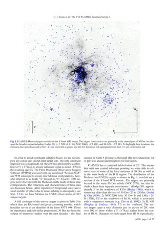 C. J. Evans et al.: The VLT-FLAMES Tarantula Survey. I.




Fig. 1. FLAMES-Medusa targets overlaid on the V-band WFI image. The targets (blue circles) are primarily in the central part of 30 Dor, but also
span the broader region including Hodge 301 (∼3 NW of R136), NGC 2060 (∼6. 5 SW), and SL 639 (∼7. 5 SE). To highlight their locations, the
emission-line stars discussed in Sect. 4.1 are encircled in green, and the ﬁve luminous red supergiants from Sect. 4.3 are encircled in red.



    In a bid to avoid signiﬁcant selection biases we did not em-         column of Table 5 provides a thorough (but not exhaustive) list
ploy any colour cuts on our input target lists. The only constraint      of previous aliases/identiﬁcations for our targets.
imposed was a magnitude cut (before ﬁnal photometric calibra-
                                                                             FLAMES has a corrected ﬁeld-of-view of 25 . This means
tion) of V ≤ 17 mag, to ensure adequate signal-to-noise (S/N) in
                                                                         that with one central telescope pointing we were able to ob-
the resulting spectra. The Fibre Positioner Observation Support
                                                                         serve stars in some of the local environs of 30 Dor as well as
Software (FPOSS) was used with our combined “Selman-Skiﬀ”
                                                                         in the main body of the H II region. The distribution of the
and WFI catalogue to create nine Medusa conﬁgurations, here-
                                                                         Medusa (and UVES) targets is shown in Fig. 1, overlaid on a
after referred to as ﬁelds “A” through to “I”. Exactly 1000 tar-
                                                                         section of the V-band WFI mosaic. The targets are primarily
gets were observed with the Medusa-Giraﬀe mode in these nine
                                                                         located in the main 30 Dor nebula (NGC 2070), but also in-
conﬁgurations. The reductions and characteristics of these data
                                                                         clude at least three separate associations: 1) Hodge 301, approx-
are discussed below. After rejection of foreground stars (and a
                                                                         imately 3 to the northwest of R136 (Hodge 1988), which is
small number of others due to issues relating to data quality, see
                                                                         somewhat older than the rest of 30 Dor (20 to 25 Myr, Grebel
Sect. 2.2.4), we have Medusa (or UVES) observations of 893
                                                                         & Chu 2000); 2) NGC 2060 (aka 30 Dor B and LHA 120-
unique targets.
                                                                         N 157B), 6. 5 to the southwest of R136, which is associated
     A full catalogue of the survey targets is given in Table 5 in       with a supernova remnant (e.g. Chu et al. 1992); 3) SL 639
which they are RA-sorted and given a running number, which               (Shapley & Lindsay 1963), 7. 5 to the southeast. The sur-
hereafter serves as an identiﬁer of the form VFTS ###. Given             vey targets span a total diameter just in excess of 20 , with
its importance and rich stellar populations, 30 Dor has been the         over 500 of them within a 5 (≈75 pc) radius from the cen-
subject of numerous studies over the past decades – the ﬁnal             tre of R136. Distances to each target from R136 (speciﬁcally,
                                                                                                                            A108, page 3 of 53
 