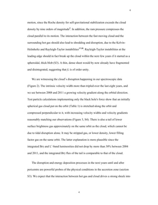 4




motion, since the Roche density for self-gravitational stabilization exceeds the cloud

density by nine orders of magnitude3. In addition, the ram pressure compresses the

cloud parallel to its motion. The interaction between the fast moving cloud and the

surrounding hot gas should also lead to shredding and disruption, due to the Kelvin-

Helmholtz and Rayleigh-Taylor instabilities17-20. Rayleigh-Taylor instabilities at the

leading edge should in fact break up the cloud within the next few years if it started as a

spheroidal, thick blob (S3). A thin, dense sheet would by now already have fragmented

and disintegrated, suggesting that fV is of order unity.


   We are witnessing the cloud’s disruption happening in our spectroscopic data

(Figure 2). The intrinsic velocity width more than tripled over the last eight years, and

we see between 2008 and 2011 a growing velocity gradient along the orbital direction.

Test particle calculations implementing only the black hole's force show that an initially

spherical gas cloud put on the orbit (Table 1) is stretched along the orbit and

compressed perpendicular to it, with increasing velocity widths and velocity gradients

reasonably matching our observations (Figure 3, S4). There is also a tail of lower

surface brightness gas approximately on the same orbit as the cloud, which cannot be

due to tidal disruption alone. It may be stripped gas, or lower density, lower filling

factor gas on the same orbit. The latter explanation is more plausible since the

integrated Brγ and L’-band luminosities did not drop by more than 30% between 2004

and 2011, and the integrated Brγ flux of the tail is comparable to that of the cloud.


   The disruption and energy deposition processes in the next years until and after

pericentre are powerful probes of the physical conditions in the accretion zone (section

S3). We expect that the interaction between hot gas and cloud drives a strong shock into




                                              4
 
