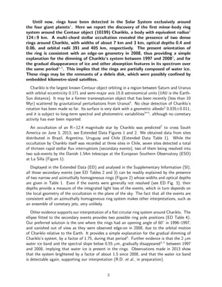 Until now, rings have been detected in the Solar System exclusively around
the four giant planets1
. Here we report the di...