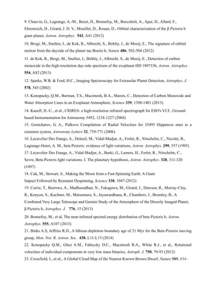 9. Chauvin, G., Lagrange, A.-M., Beust, H., Bonnefoy, M., Boccaletti, A., Apai, D., Allard, F.,
Ehrenreich, D., Girard, J. H. V., Mouillet, D., Rouan, D., Orbital characterization of the β Pictoris b
giant planet, Astron. Astrophys. 542, A41 (2012)
10. Brogi, M., Snellen, I., de Kok, R., Albrecht, S., Birkby, J., de Mooij, E., The signature of orbital
motion from the dayside of the planet tau Bootis b, Nature 486, 502-504 (2012)
11. de Kok, R., Brogi, M., Snellen, I., Birkby, J., Albrecht, S., de Mooij, E., Detection of carbon
monoxide in the high-resolution day-side spectrum of the exoplanet HD 189733b, Astron. Astrophys.
554, A82 (2013)
12. Sparks, W.B. & Ford, H.C., Imaging Spectroscopy for Extrasolar Planet Detection, Astrophys. J.
578, 543 (2002)
13. Konopacky, Q.M., Barman, T.S., Macintosh, B.A., Marois, C., Detection of Carbon Monoxide and
Water Absorption Lines in an Exoplanet Atmosphere, Science 339, 1398-1401 (2013)
14. Kaeufl, H.-U., et al., CRIRES: a high-resolution infrared spectrograph for ESO's VLT., Ground-
based Instrumentation for Astronomy 5492, 1218-1227 (2004)
15. Gontcharov, G. A., Pulkovo Compilation of Radial Velocities for 35495 Hipparcos stars in a
common system, Astronomy Letters 32, 759-771 (2006)
16. Lecavelier Des Etangs, A., Deleuil, M., Vidal-Madjar, A., Ferlet, R., Nitschelm, C., Nicolet, B.,
Lagrange-Henri, A. M., beta Pictoris: evidence of light variations, Astron. Astrophys. 299, 557 (1995)
17. Lecavelier Des Etangs, A., Vidal-Madjar, A., Burki, G., Lamers, H., Ferlet, R., Nitschelm, C.,
Sevre, Beta Pictoris light variations. I. The planetary hypothesis, Astron. Astrophys. 328, 311-320
(1997)
18. Cuk, M., Stewart, S., Making the Moon from a Fast-Spinning Earth: A Giant
Impact Followed by Resonant Despinning, Science 338, 1047 (2012)
19. Currie, T., Burrows, A., Madhusudhan, N., Fukagawa, M., Girard, J., Dawson, R., Murray-Clay,
R., Kenyon, S., Kuchner, M., Matsumura, S., Jayawardhana, R., Chambers, J., Bromley, B., A
Combined Very Large Telescope and Gemini Study of the Atmosphere of the Directly Imaged Planet,
β Pictoris b, Astrophys. J. 776, 15 (2013)
20. Bonnefoy, M., et al, The near-infrared spectral energy distribution of beta Pictoris b, Astron.
Astrophys. 555, A107 (2013)
21. Binks A.S, Jeffries R.D., A lithium depletion boundary age of 21 Myr for the Beta Pictoris moving
group, Mon. Not. R. Astron. Soc. 438, L11-L15 (2014)
22. Konopacky Q.M., Ghez A.M., Fabrycky D.C., Macintosh B.A., White R.J., et al., Rotational
velocities of individual components in very low mass binaries, Astroph. J. 750, 79-93 (2012)
23. Crossfield, I., et al., A Global Cloud Map of the Nearest Known Brown Dwarf, Nature 505, 654–
 