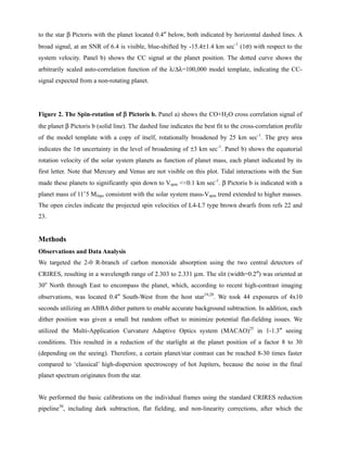 to the star β Pictoris with the planet located 0.4″ below, both indicated by horizontal dashed lines. A
broad signal, at an SNR of 6.4 is visible, blue-shifted by -15.4±1.4 km sec-1
(1σ) with respect to the
system velocity. Panel b) shows the CC signal at the planet position. The dotted curve shows the
arbitrarily scaled auto-correlation function of the λ/Δλ=100,000 model template, indicating the CC-
signal expected from a non-rotating planet.
Figure 2. The Spin-rotation of β Pictoris b. Panel a) shows the CO+H2O cross correlation signal of
the planet β Pictoris b (solid line). The dashed line indicates the best fit to the cross-correlation profile
of the model template with a copy of itself, rotationally broadened by 25 km sec-1
. The grey area
indicates the 1σ uncertainty in the level of broadening of ±3 km sec-1
. Panel b) shows the equatorial
rotation velocity of the solar system planets as function of planet mass, each planet indicated by its
first letter. Note that Mercury and Venus are not visible on this plot. Tidal interactions with the Sun
made these planets to significantly spin down to Vspin <<0.1 km sec-1
. β Pictoris b is indicated with a
planet mass of 11±
5 MJup, consistent with the solar system mass-Vspin trend extended to higher masses.
The open circles indicate the projected spin velocities of L4-L7 type brown dwarfs from refs 22 and
23.
Methods
Observations and Data Analysis
We targeted the 2-0 R-branch of carbon monoxide absorption using the two central detectors of
CRIRES, resulting in a wavelength range of 2.303 to 2.331 μm. The slit (width=0.2″) was oriented at
30o
North through East to encompass the planet, which, according to recent high-contrast imaging
observations, was located 0.4″ South-West from the host star19,20
. We took 44 exposures of 4x10
seconds utilizing an ABBA dither pattern to enable accurate background subtraction. In addition, each
dither position was given a small but random offset to minimize potential flat-fielding issues. We
utilized the Multi-Application Curvature Adaptive Optics system (MACAO)25
in 1-1.3″ seeing
conditions. This resulted in a reduction of the starlight at the planet position of a factor 8 to 30
(depending on the seeing). Therefore, a certain planet/star contrast can be reached 8-30 times faster
compared to ‘classical’ high-dispersion spectroscopy of hot Jupiters, because the noise in the final
planet spectrum originates from the star.
We performed the basic calibrations on the individual frames using the standard CRIRES reduction
pipeline30
, including dark subtraction, flat fielding, and non-linearity corrections, after which the
 