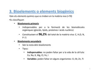 3. Bioelements o elements biogènics
•Són els elements químics que es troben en la matèria viva (≈70)
•Es classifiquen
     •   Bioelements primaris
          •   Indispensables per a la formació de les biomolècules
              orgàniques (glúcids, lípids, proteïnes i àcids nuclèics)
          •   Constitueixen el 96,2% del total de la matèria viva: C, H,O, N,
              PiS
     •   Bioelements secundaris
          •   Són la resta dels bioelements
          •   Tipus:
               •   Indispensables: no poden faltar per a la vida de la cèl·lula:
                   Ca, Na, K, Mg, Cl, Fe, I
               •   Variables: poden faltar en alguns organismes: Cr, Br, Zn, Ti


                                                                                   1
 