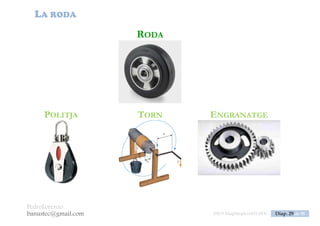 PedroLorenzo
banustec@gmail.com ESO3 MaqSimples Pres 1617ESO3 MaqSimples Pres 1617.DOC Diap. 29 de 38
POLITJA
Canvi de sentit
RFRF hRhFTT ·· 
 F=R
Avantatge Mecànic = R/F =1
F, força [ N ]
R, resistència [ N ]
TF, treball de la força [ J ]
TR, treball de la resistència [ J ]
hF, desplaçament de la força [ m ]
hR, desplaçament de la resistència [ m ]
 
