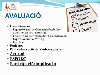 AVALUACIÓ:
 Competències:
 Expressió escrita: Grammar&Vocabulary
 Comprensió oral: Listening
 Comprensió escrita: Reading Comprehension
 Expressió escrita: Writing
 Literària:
 Projectes
 Pel·lícules + activitats sobre aquestes
 Actitud
 ESFORÇ
 Participació/implicació
 