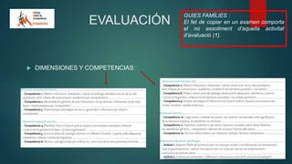 EVALUACIÓN
 DIMENSIONES Y COMPETENCIAS:
GUIES FAMÍLIES :
El fet de copiar en un examen comporta
el no assoliment d’aquella activitat
d’avaluació (1).
 