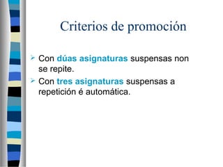Criterios de promoción
 Con dúas asignaturas suspensas non
se repite.
 Con tres asignaturas suspensas a
repetición é automática.
 