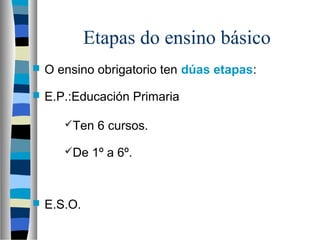 Etapas do ensino básico
 O ensino obrigatorio ten dúas etapas:
 E.P.:Educación Primaria
 E.S.O.
Ten 6 cursos.
De 1º a 6º.
 