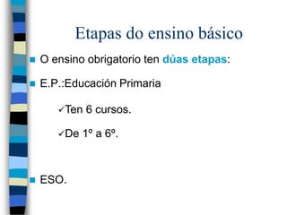 Etapas do ensino básico
 O ensino obrigatorio ten dúas etapas:
 E.P.:Educación Primaria
 ESO.
Ten 6 cursos.
De 1º a 6º.
 