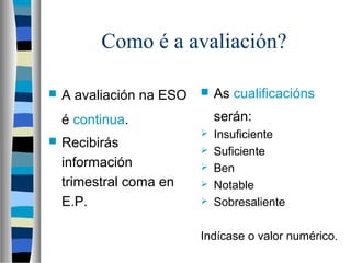 Como é a avaliación?
 A avaliación na ESO
é continua.
 Recibirás
información
trimestral coma en
E.P.
 As cualificacións
serán:
 Insuficiente
 Suficiente
 Ben
 Notable
 Sobresaliente
Indícase o valor numérico.
 