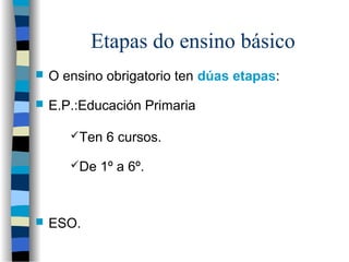 Etapas do ensino básico
 O ensino obrigatorio ten dúas etapas:
 E.P.:Educación Primaria
 ESO.
Ten 6 cursos.
De 1º a 6...