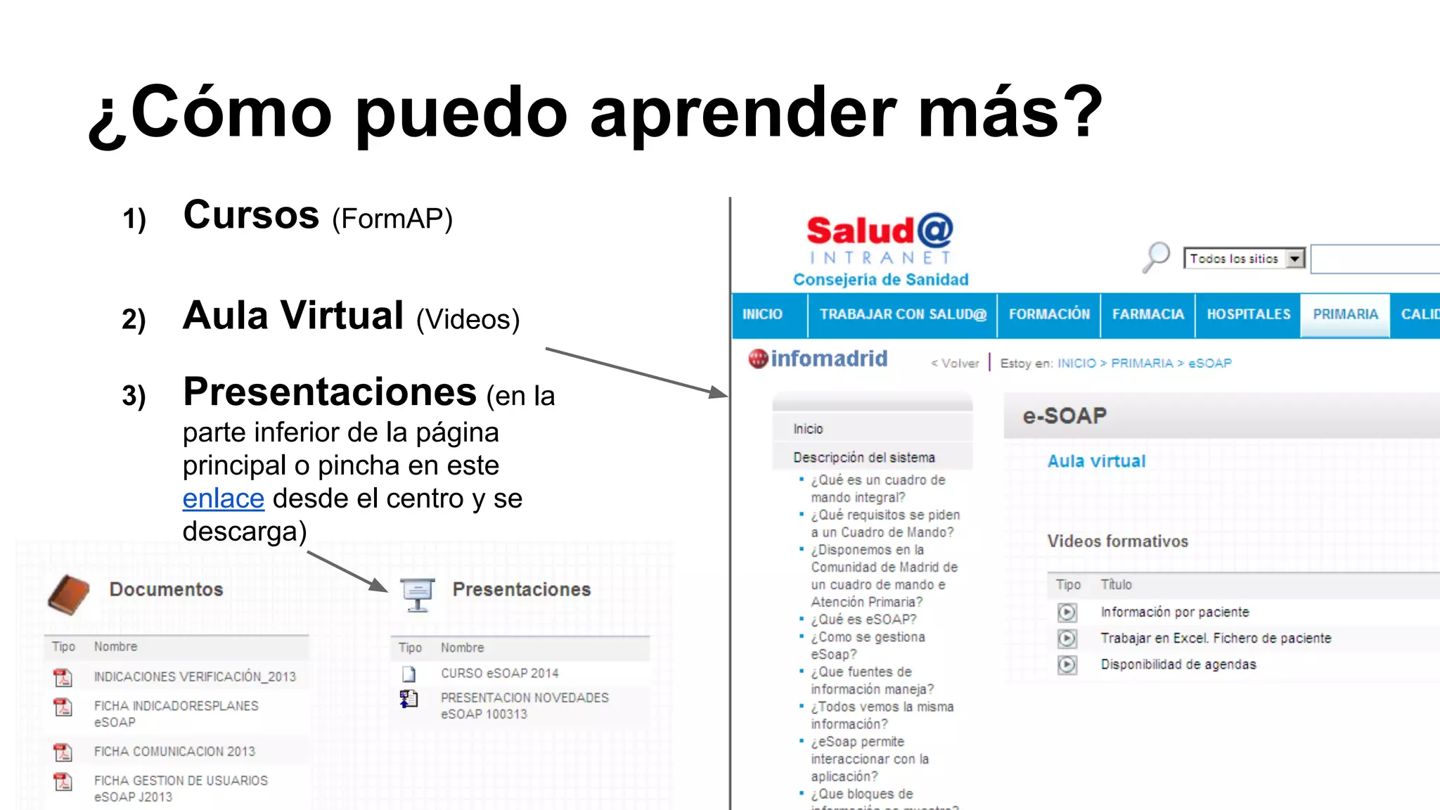 ¿Cómo puedo aprender más? 
1) Cursos (FormAP) 
2) Aula Virtual (Videos) 
3) Presentaciones (en la 
parte inferior de la página 
principal o pincha en este 
enlace desde el centro y se 
descarga) 
 