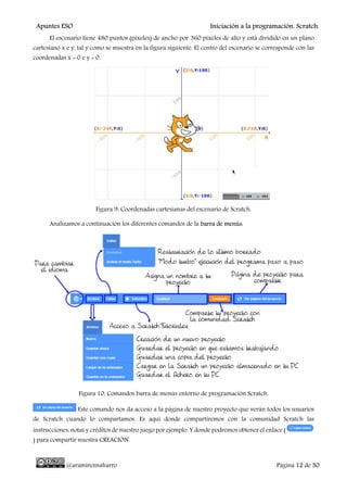 Apuntes ESO Iniciación a la programación. Scratch.
@aramireznaharro Página 12 de 30
El escenario tiene 480 puntos (pixeles) de ancho por 360 pixeles de alto y está dividido en un plano
cartesiano x e y, tal y como se muestra en la figura siguiente. El centro del escenario se corresponde con las
coordenadas x = 0 e y = 0.
Figura 9: Coordenadas cartesianas del escenario de Scratch.
Analizamos a continuación los diferentes comandos de la barra de menús:
Figura 10: Comandos barra de menús entorno de programación Scratch.
Este comando nos da acceso a la página de nuestro proyecto que verán todos los usuarios
de Scratch cuando lo compartamos. Es aquí donde compartiremos con la comunidad Scratch las
instrucciones, notas y créditos de nuestro juego por ejemplo. Y donde podremos obtener el enlace (
) para compartir nuestra CREACIÓN.
 