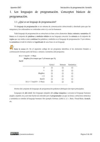 Apuntes ESO Iniciación a la programación. Scratch.
@aramireznaharro Página 3 de 30
1. Los lenguajes de programación. Conceptos básicos de
programación.
1.1. ¿Qué es un lenguaje de programación?
Un lenguaje de programación es un sistema de comunicación estructurado y diseñado para que las
máquinas y los ordenadores se entiendan entre sí y con los humanos.
Todo lenguaje de programación se estructura en base a tres elementos: léxico, sintaxis y semántica. El
léxico es el conjunto de palabras y símbolos válidos en ese lenguaje concreto. La sintaxis es el conjunto de
reglas que nos indica como combinar las palabras y símbolos en el lenguaje de programación. Y por último,
la semántica es todo lo relativo al significado de una frase en un lenguaje.
Hazlo tú mismo 01. En el siguiente código de un programa identifica si los elementos listados a
continuación forman parte del léxico, sintaxis o semántica del programa.
If A > 7 And B < 5 Then
MsgBox (“A es mayor que 7 y B menor que 5”)
End If
Léxico Sintaxis Semántica
if ☐ ☐ ☐
> ☐ ☐ ☐
MsgBox ☐ ☐ ☐
< 5 ☐ ☐ ☐
End If ☐ ☐ ☐
If A > 7 And B < 5 Then ☐ ☐ ☐
--------------------------------------------------------------------
Dentro del conjunto de lenguajes de programación podemos distinguir dos tipos principales:
Lenguajes de alto nivel: Son lenguajes alejados del código máquina y cercanos al lenguaje humano
(inglés, español, etc.) son más fáciles de entender por el programador, ya que su léxico, estructura sintáctica
y semántica es similar al lenguaje humano. Por ejemplo: Fortran, Cobol, C, C++, Basic, Visual Basic, Scratch,
etc.
 