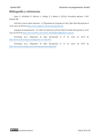 Apuntes ESO Iniciación a la programación. Scratch.
@aramireznaharro Página 30 de 30
Bibliografía y referencias:
López, T., Arboledas, D., Moreno, L., Gallego, V. y Muñoz, S. (2016). Tecnología aplicada. 1 ESO.
Madrid: SM.
Aula Fácil. Cursos online educativo. 1.2 Programación: Lenguajes de Alto y Bajo Nivel. Recuperado el
16 de enero de 2019 de https://www.aulafacil.com/cursos/programacion/
Lenguajes de programación - #1. Maol, M. (Director). (2018). [Vídeo] Youtube. Recuperado el 16 de
enero de 2019 de https://www.youtube.com/watch?v=fkiOskQbewM&feature=youtu.be.
Tecnología (s.f.). Diagramas de flujo. Recuperado el 17 de enero de 2019 de
http://www.areatecnologia.com/diagramas-de-flujo.htm.
Tecnología (s.f.). Diagramas de flujo. Recuperado el 17 de enero de 2019 de
http://www.areatecnologia.com/informatica/pseudocodigo.html.
 