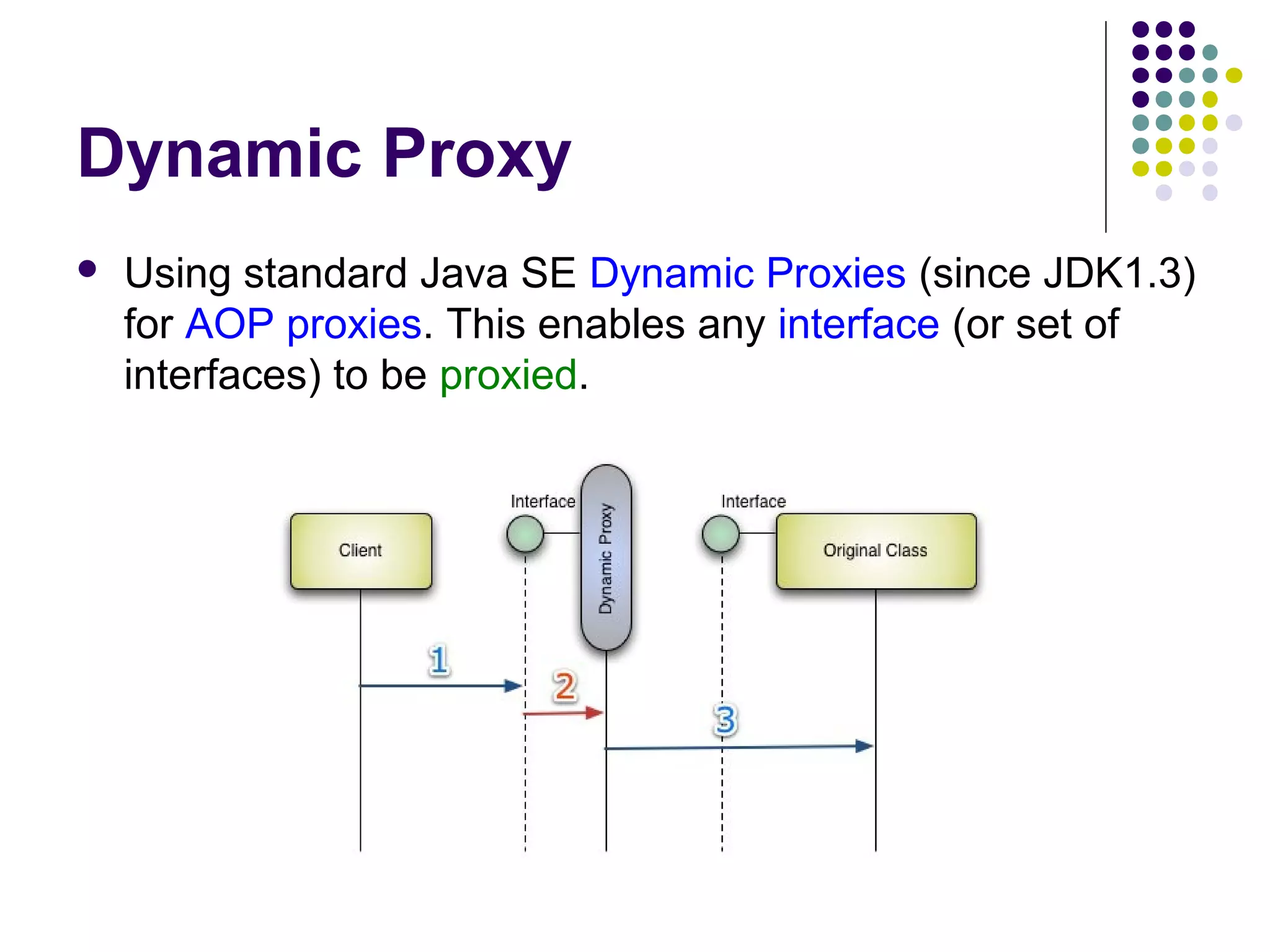 Dynamic Proxy
 Using standard Java SE Dynamic Proxies (since JDK1.3)
for AOP proxies. This enables any interface (or set of
interfaces) to be proxied.
 