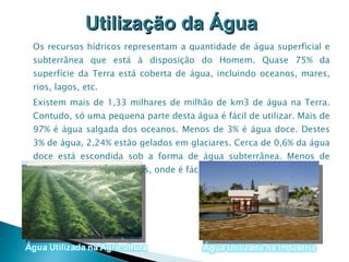 Os recursos hídricos representam a quantidade de água superficial e subterrânea que está à disposição do Homem. Quase 75% da superfície da Terra está coberta de água, incluindo oceanos, mares, rios, lagos, etc.  Existem mais de 1,33 milhares de milhão de km3 de água na Terra. Contudo, só uma pequena parte desta água é fácil de utilizar. Mais de 97% é água salgada dos oceanos. Menos de 3% é água doce. Destes 3% de água, 2,24% estão gelados em glaciares. Cerca de 0,6% da água doce está escondida sob a forma de água subterrânea. Menos de 0,01% encontra-se nos rios, onde é fácil de utilizar. Utilização da Água  