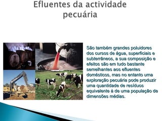 São também grandes poluidores dos cursos de água, superficiais e subterrâneos, a sua composição e efeitos são em tudo bastante semelhantes aos efluentes domésticos, mas no entanto uma exploração pecuária pode produzir uma quantidade de resíduos equivalente à de uma população de dimensões médias. 