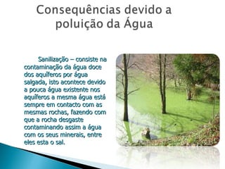 Sanilização – consiste na contaminação da água doce dos aquíferos por água salgada, isto acontece devido a pouca água existente nos aquíferos a mesma água está sempre em contacto com as mesmas rochas, fazendo com que a rocha desgaste contaminando assim a água com os seus minerais, entre eles esta o sal. 