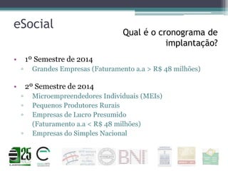 eSocial
•

Qual é o cronograma de
implantação?

1º Semestre de 2014
▫

•

Grandes Empresas (Faturamento a.a > R$ 48 milhões)

2º Semestre de 2014
▫
▫
▫
▫

Microempreendedores Individuais (MEIs)
Pequenos Produtores Rurais
Empresas de Lucro Presumido
(Faturamento a.a < R$ 48 milhões)
Empresas do Simples Nacional

 