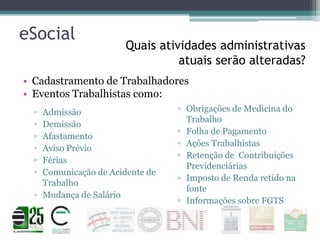 eSocial

Quais atividades administrativas
atuais serão alteradas?

• Cadastramento de Trabalhadores
• Eventos Trabalhistas como:
▫
▫
▫
▫
▫
▫

Admissão
Demissão
Afastamento
Aviso Prévio
Férias
Comunicação de Acidente de
Trabalho
▫ Mudança de Salário

▫ Obrigações de Medicina do
Trabalho
▫ Folha de Pagamento
▫ Ações Trabalhistas
▫ Retenção de Contribuições
Previdenciárias
▫ Imposto de Renda retido na
fonte
▫ Informações sobre FGTS

 
