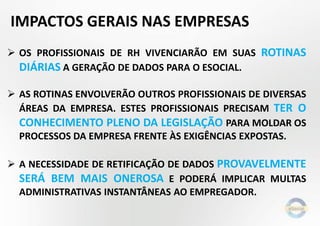 IMPACTOS GERAIS NAS EMPRESAS
 OS PROFISSIONAIS DE RH VIVENCIARÃO EM SUAS ROTINAS
DIÁRIAS A GERAÇÃO DE DADOS PARA O ESOCIAL.
 AS ROTINAS ENVOLVERÃO OUTROS PROFISSIONAIS DE DIVERSAS
ÁREAS DA EMPRESA. ESTES PROFISSIONAIS PRECISAM TER O
CONHECIMENTO PLENO DA LEGISLAÇÃO PARA MOLDAR OS
PROCESSOS DA EMPRESA FRENTE ÀS EXIGÊNCIAS EXPOSTAS.
 A NECESSIDADE DE RETIFICAÇÃO DE DADOS PROVAVELMENTE
SERÁ BEM MAIS ONEROSA E PODERÁ IMPLICAR MULTAS
ADMINISTRATIVAS INSTANTÂNEAS AO EMPREGADOR.

 