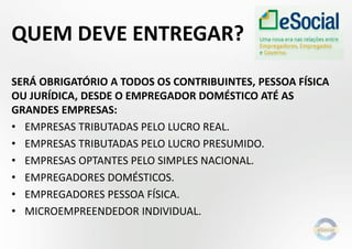 QUEM DEVE ENTREGAR?
SERÁ OBRIGATÓRIO A TODOS OS CONTRIBUINTES, PESSOA FÍSICA
OU JURÍDICA, DESDE O EMPREGADOR DOMÉSTICO ATÉ AS
GRANDES EMPRESAS:
• EMPRESAS TRIBUTADAS PELO LUCRO REAL.
• EMPRESAS TRIBUTADAS PELO LUCRO PRESUMIDO.
• EMPRESAS OPTANTES PELO SIMPLES NACIONAL.
• EMPREGADORES DOMÉSTICOS.
• EMPREGADORES PESSOA FÍSICA.
• MICROEMPREENDEDOR INDIVIDUAL.
 