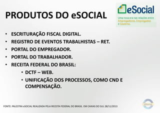 PRODUTOS DO eSOCIAL
• ESCRITURAÇÃO FISCAL DIGITAL.
• REGISTRO DE EVENTOS TRABALHISTAS – RET.
• PORTAL DO EMPREGADOR.
• PORTAL DO TRABALHADOR.
• RECEITA FEDERAL DO BRASIL:
• DCTF – WEB.
• UNIFICAÇÃO DOS PROCESSOS, COMO CND E
COMPENSAÇÃO.
FONTE: PALESTRA eSOCIAL REALIZADA PELA RECEITA FEDERAL DO BRASIL EM CAXIAS DO SUL 28/11/2013
 